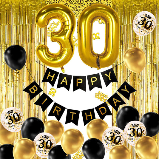 iZoeL 30th Black Gold Birthday Party Decoration, Happy Birthday Banner, Helium Number Balloon 30 XXL, 2 Gold Fringe Curtain, Latex Confetti Balloon, Table Confetti for Man Girl Women Anniversary