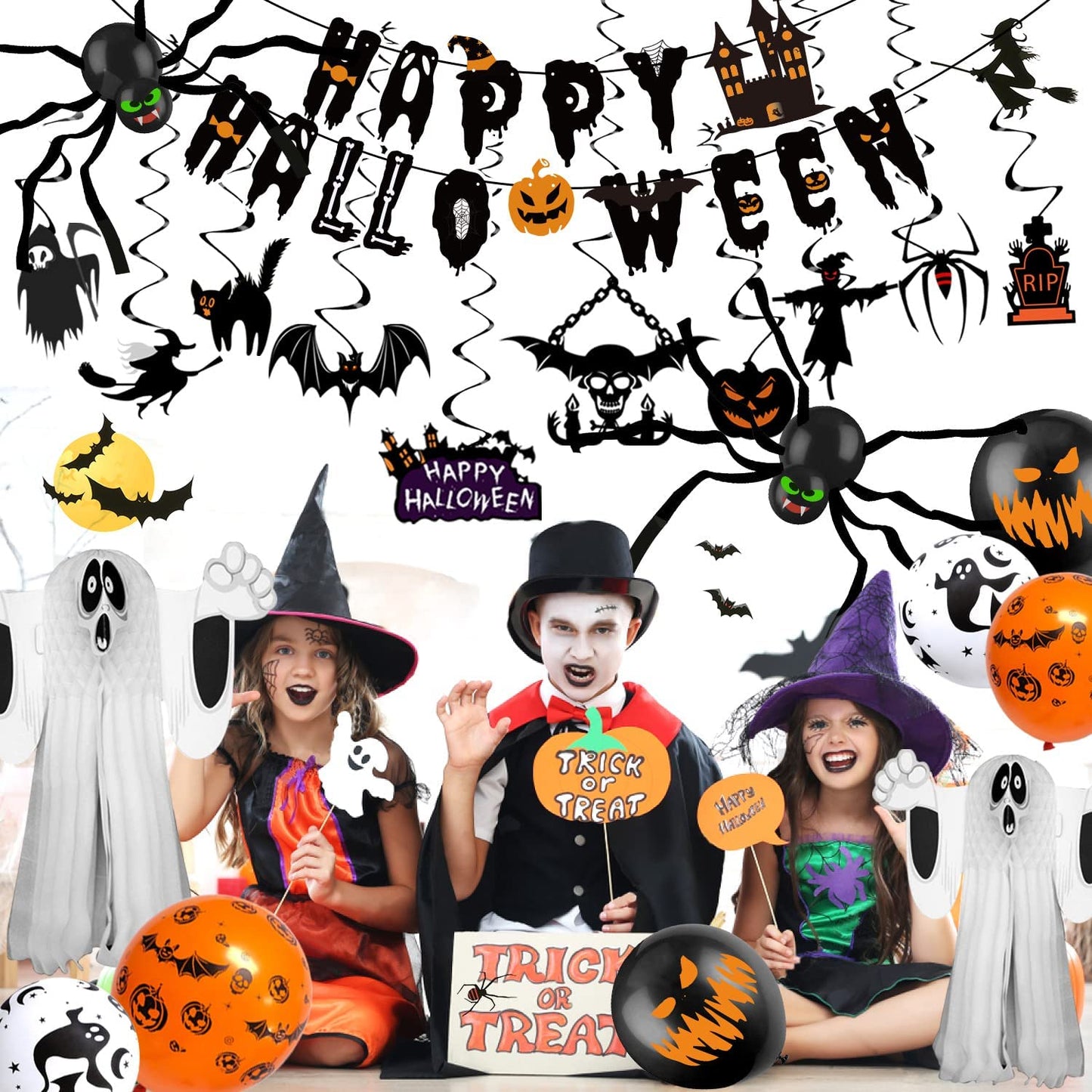 iZoeL Spooky Halloween Balloon Party Decoration Pull Flag Spiral Tablecloth Sticker Spider Crepe Paper