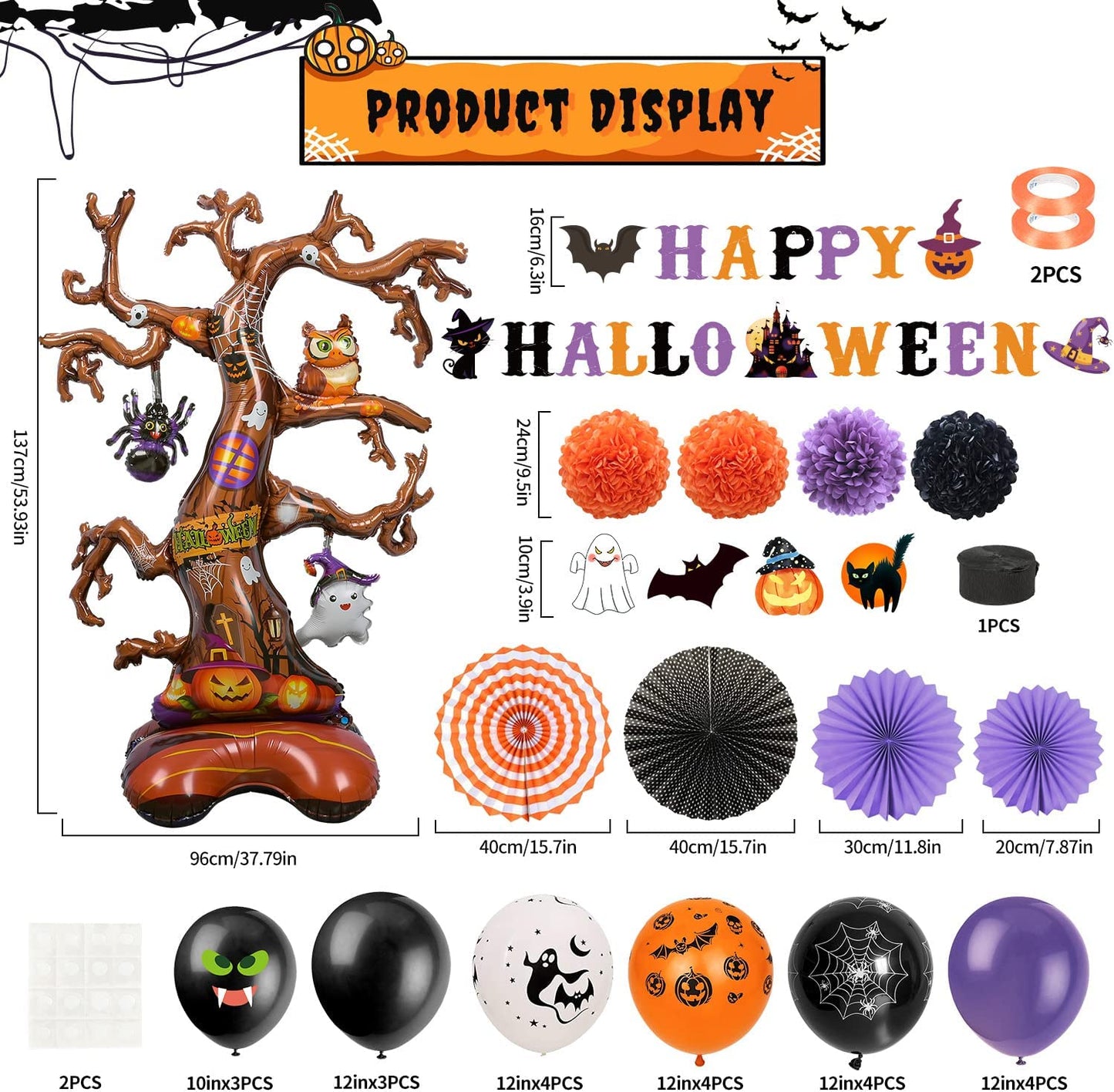 iZoeL Halloween Balloon Party Decoration Big Tree Aluminum Film Pulling Flag Folding Flowers Spider A Roll of Crepe Paper