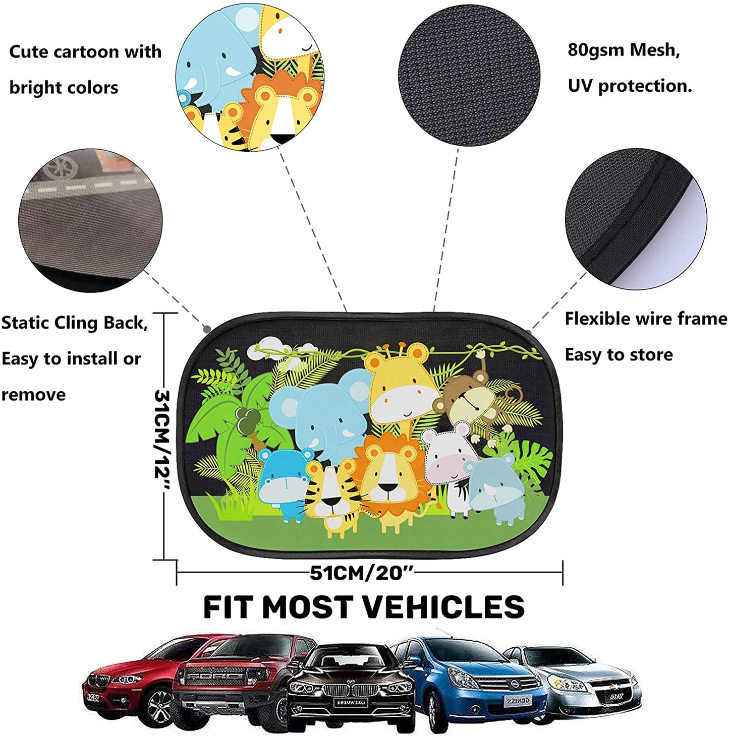 iZoeL Car Sun Shade for Baby Kids 2 Pack Static Cling Side Window Car 80GSM Animals Cars Rear Sunshades Universal with 8 Suction Cups and Storage Bag - Sun Glare and UV Rays Protection