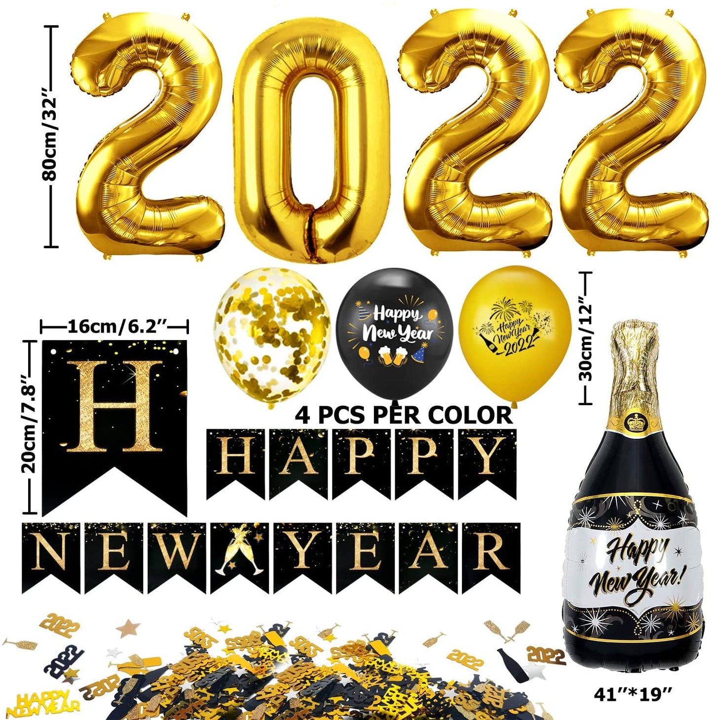 iZoeL Happy New Year Decorations 2022 XXL, Black Gold Happy New Year Banner, 32'' 2022 Numbers, Bottle Champagne Balloons, 2022 Confettis