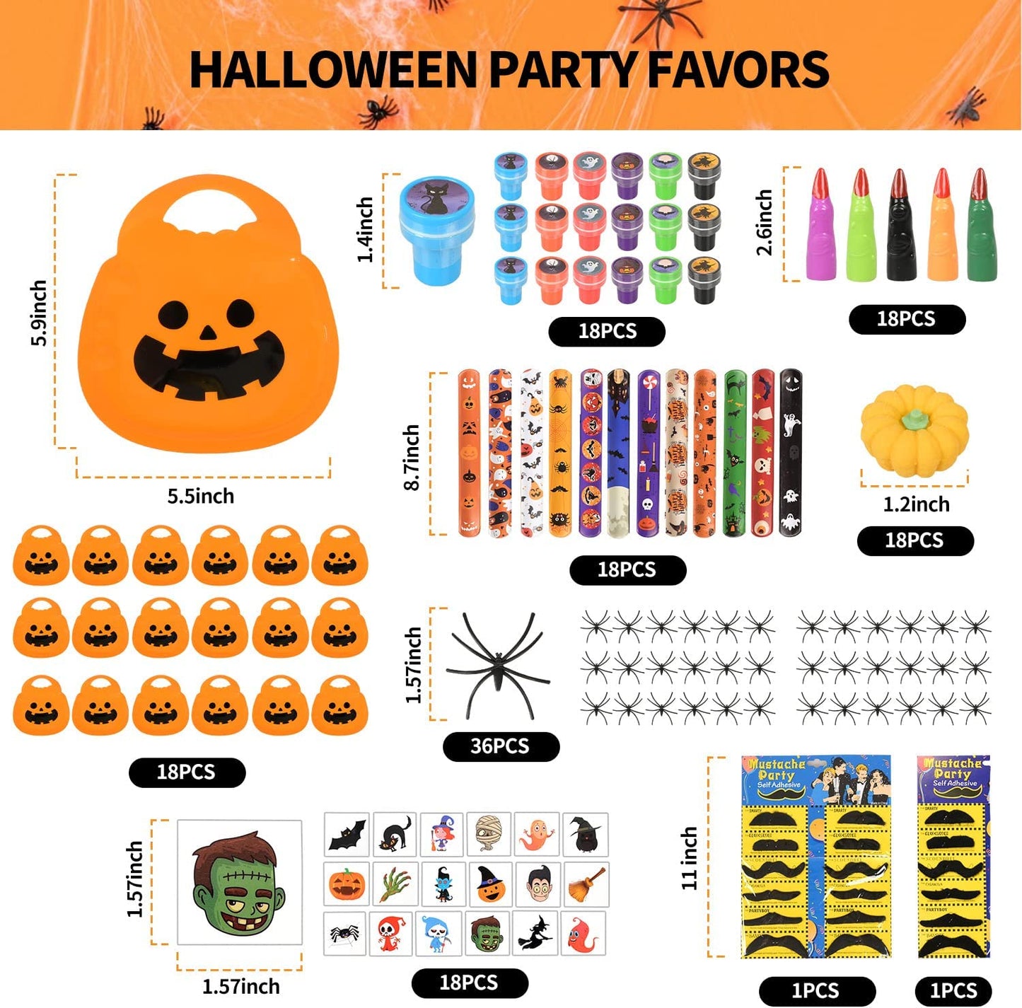 iZoeL 18 Set Spooky Halloween Toys for Kids Halloween Party Bag Fillers with Pumpkin Halloween Sweet Bags Slap Bracelet Stampers Tattoos Finger Halloween Spiders- Halloween Party Favours