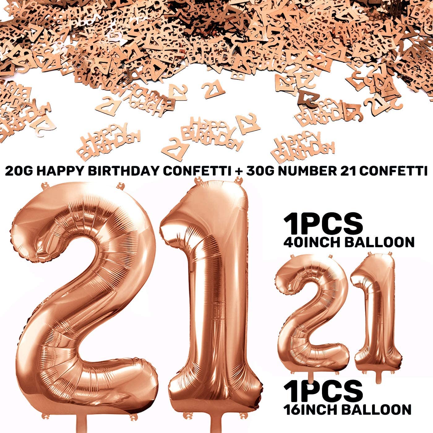 iZoeL Balloon 18/21/30/40/50/80 helium incl.4pcs XXL and Small Rose Gold balloon, 30g 21 Number Confetti,20g Happy Birthday Table Confetti, Birthday Anniversary Party Decoration(Rose Gold 21)
