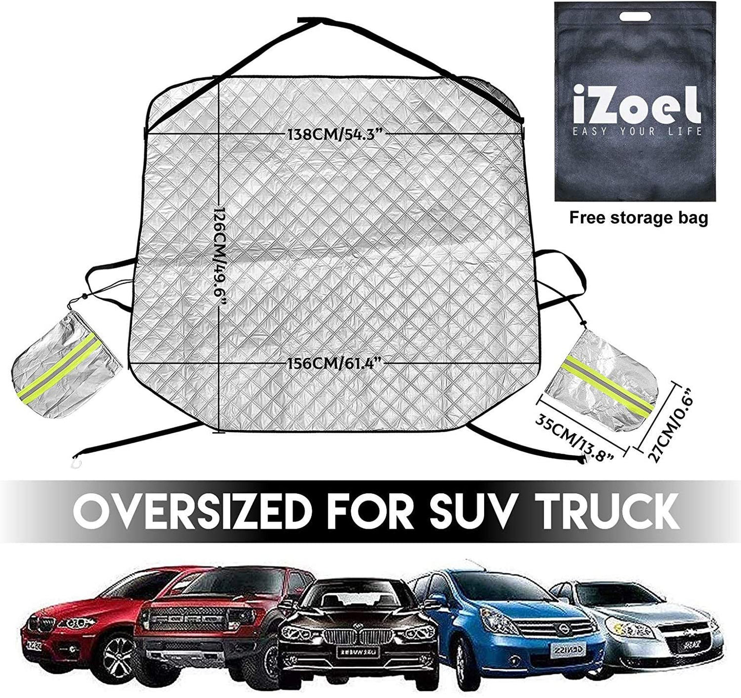 iZoeL Car Frost Windscreen Cover for Winter, Frost Guard Windshield Cover, Side Wing Mirrors Cover with Reflector, Snow Ice Protector Full Protection for Normal Car Size (156cm * 138cm)