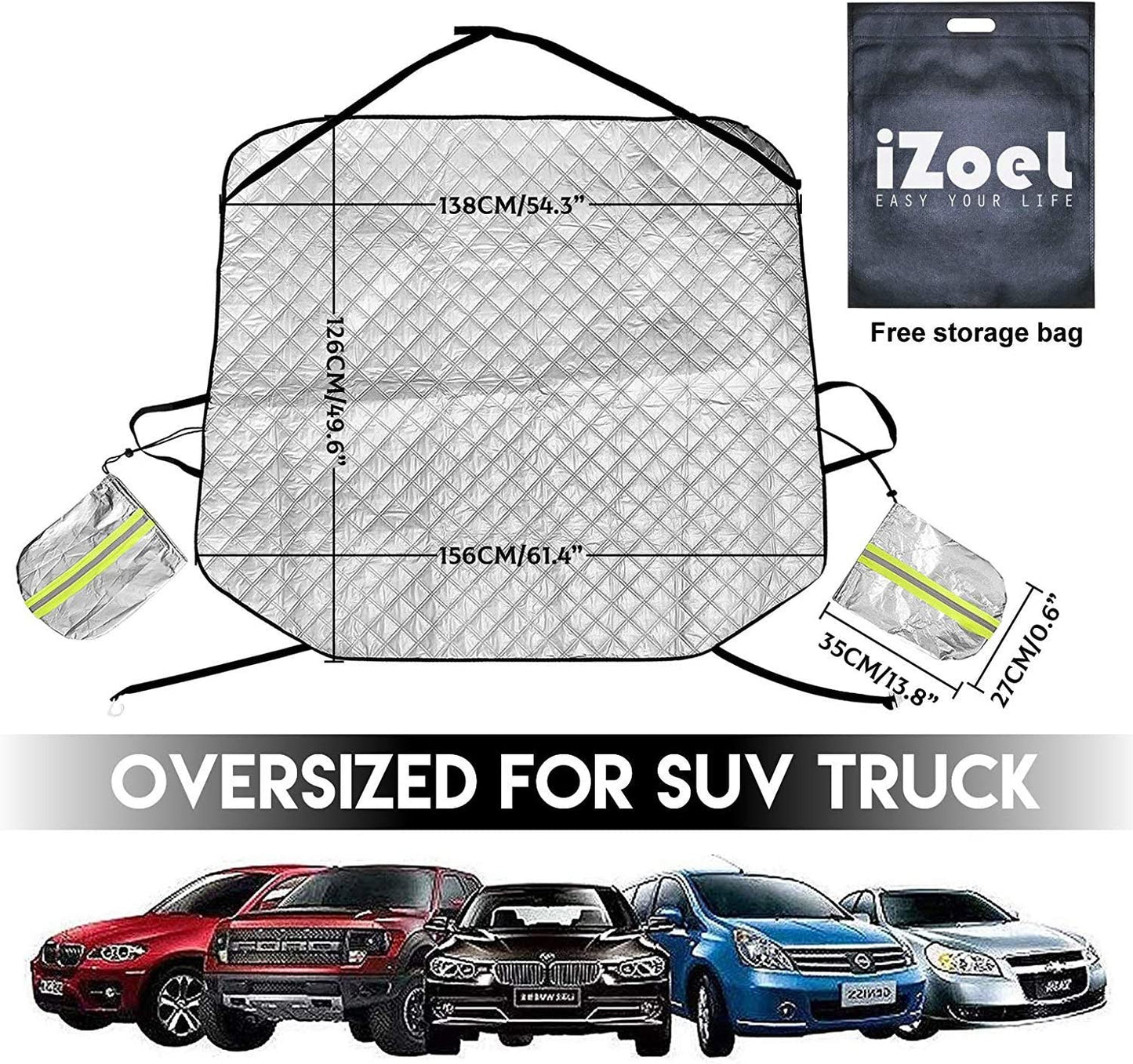 iZoeL Car Frost Windscreen Cover for Winter, Frost Guard Windshield Cover, Side Wing Mirrors Cover with Reflector, Snow Ice Protector Full Protection for Normal Car Size (156cm * 138cm)