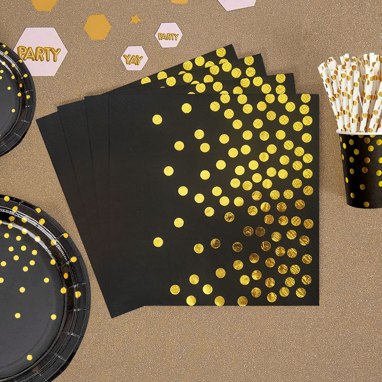 iZoeL 30 Guests Black Gold Birthday Party Decorations for Men Women, Birthday Tableware Curtain Tablecloth Plates Napkins Cups Straws 10g Confetti Birthday Balloon Cake Topper