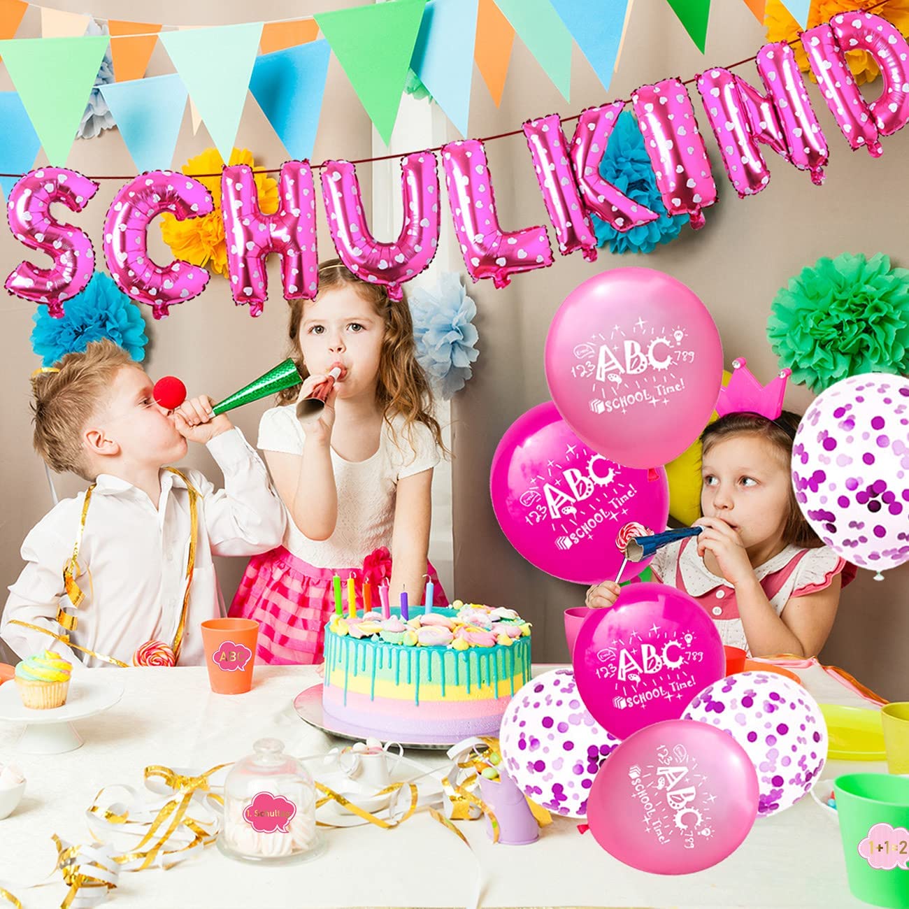 iZoeL Decorative First Day of School Girl Pink School Child Garlands Foil Balloon + First Day of School Decoration Foil Balloon + 15 Red Balloons School Introduction + Balloon Ribbons