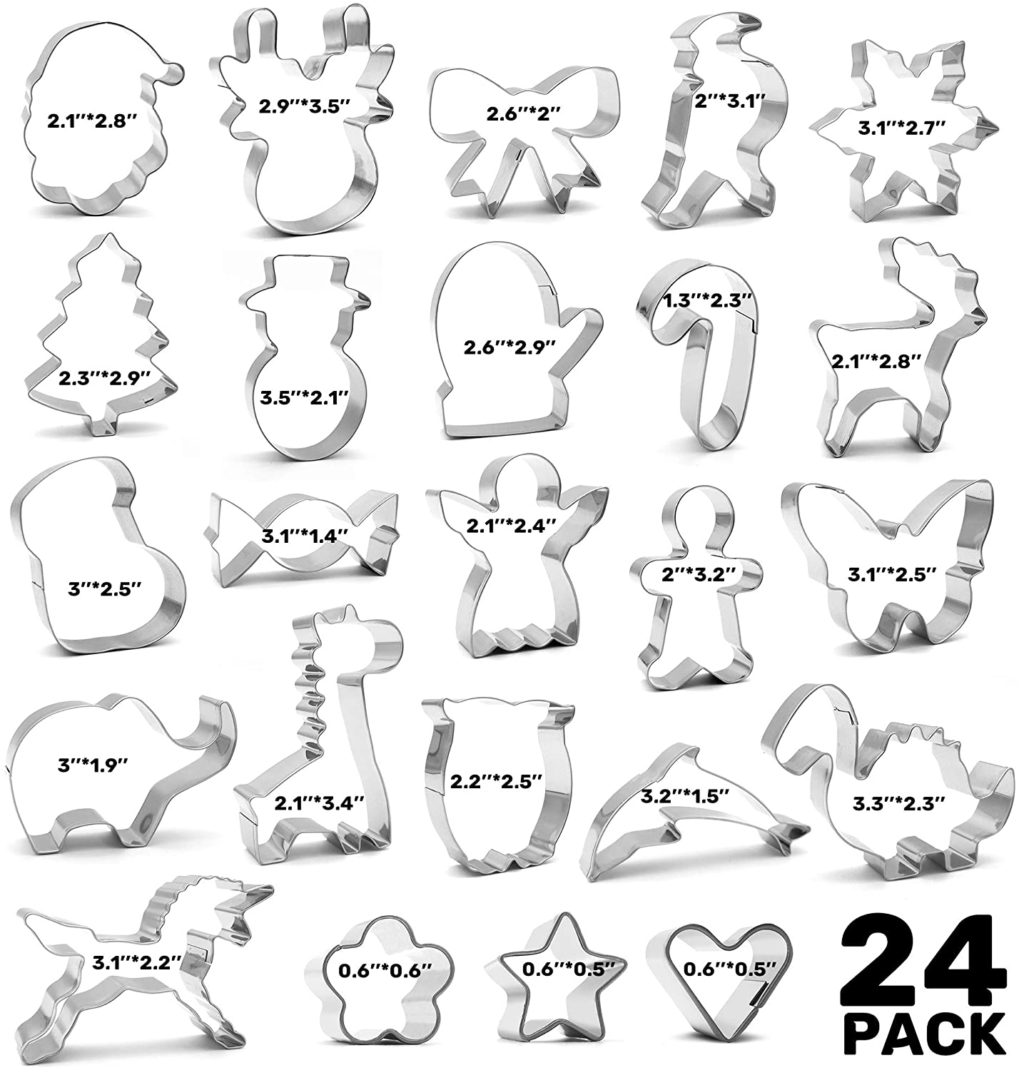 iZoeL 24 Shape of Christmas Cookie Cutters, Biscuits Pastry Cutter Mould Stainless Steel, for Fondant Cookie Brownies Pancake, Fruits,Jam Tarts DIY BakingTool