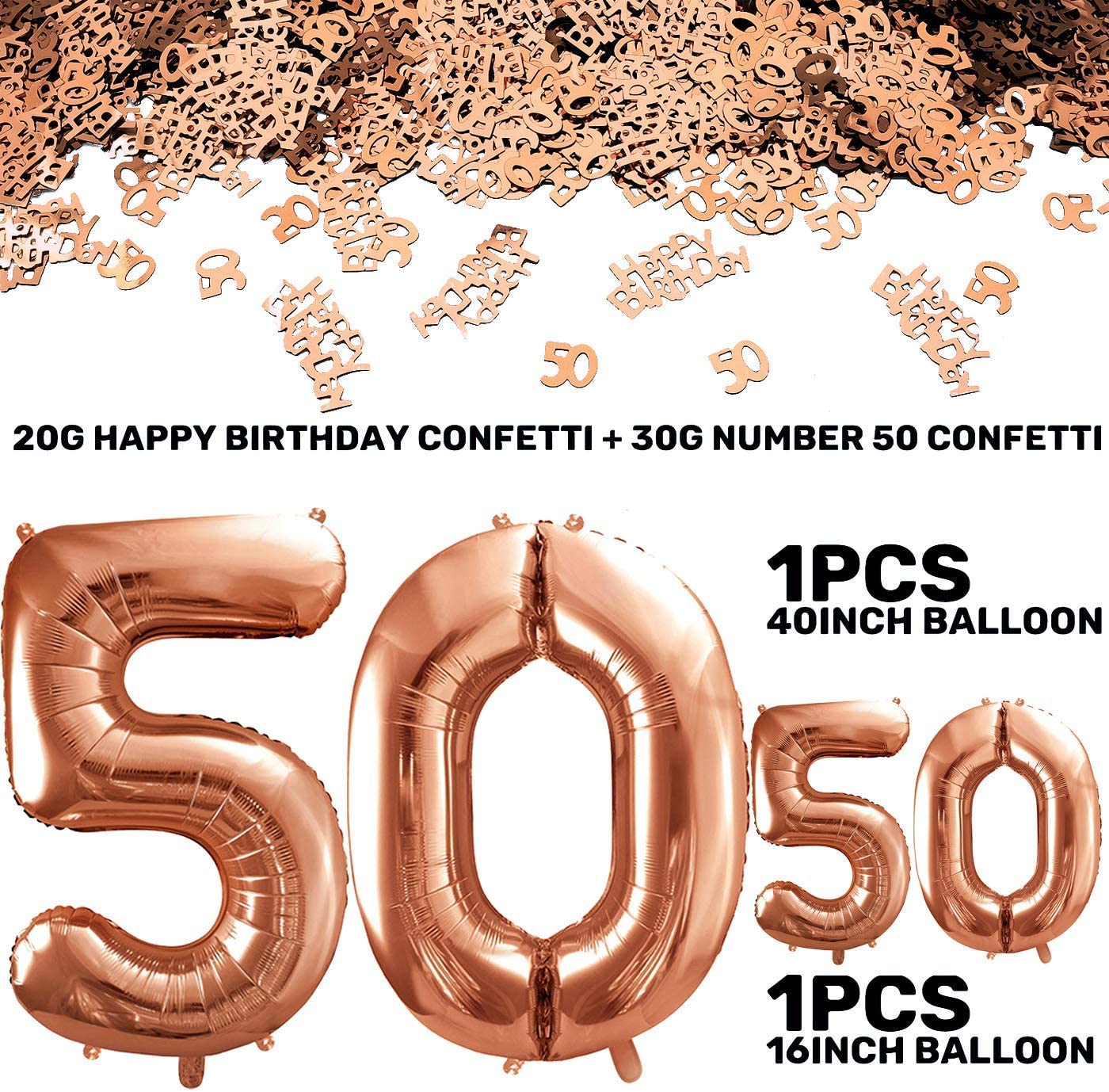 iZoeL Number 18/21/30/40/50/80 helium incl.4pcs XXL and Small Rose Gold balloon, 30g 50 Number Confetti,20g Happy Birthday Table Confetti, Birthday Anniversary Party Decoration(Rose Gold 50)