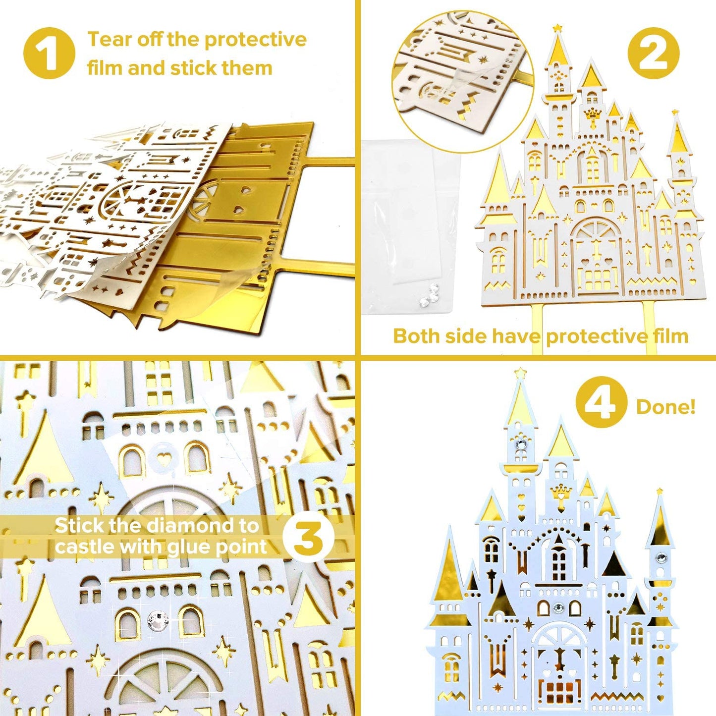 iZoeL Gold Birthday Cake Decoration Gold White Castle Happy Birthday Banner Confetti Balloon Fireworks Star Golden cake Topper for Gold Theme Party Decor Girl Boy Kid Women Man