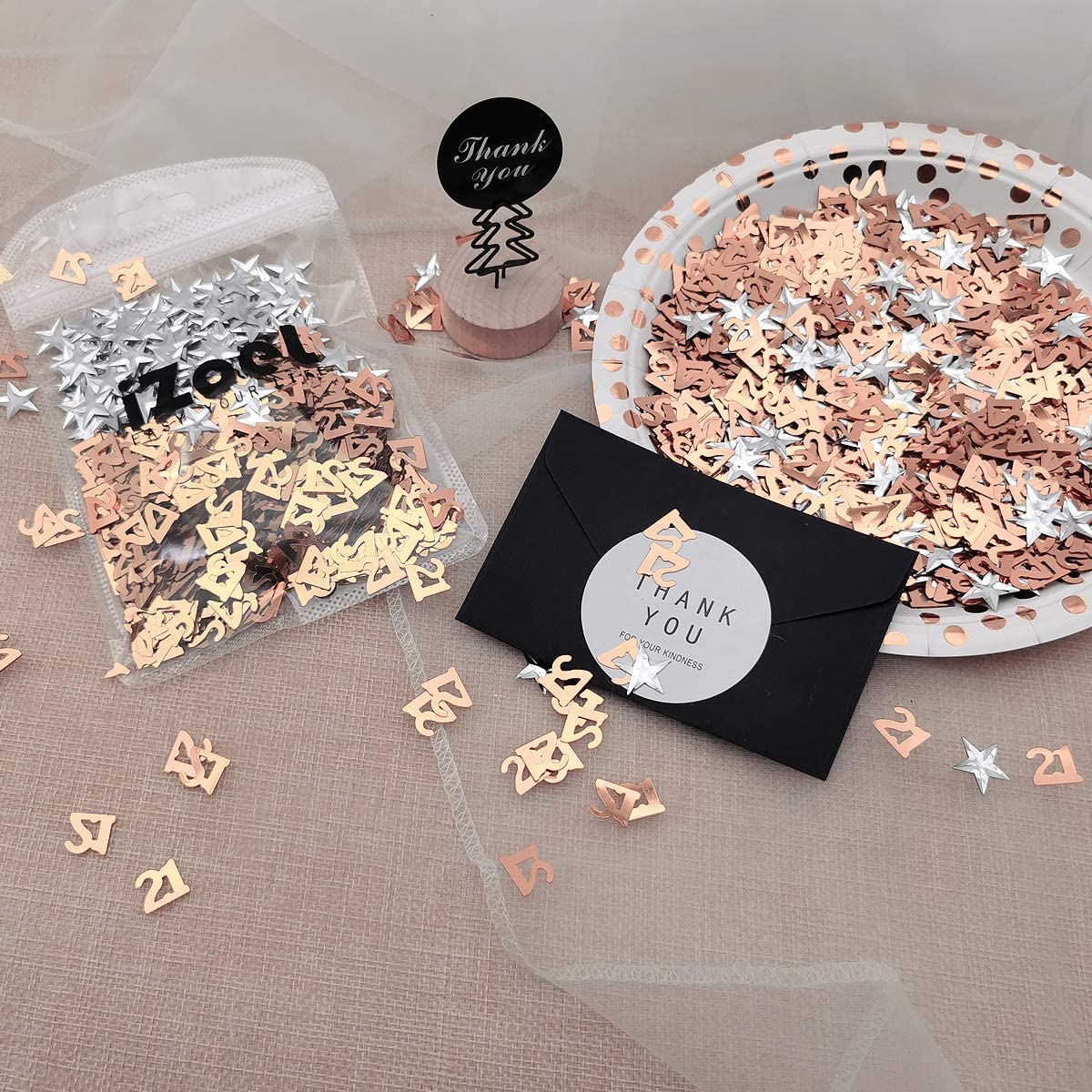 iZoeL 21 Rose Gold Table Confetti Bag 30g incl. 21st Birthday Confetti (1000pcs) Silver Star Confetti Sequin(200pcs) for 21st Birthday Party Wedding Anniversary Table Decoration (Rose Gold 21)