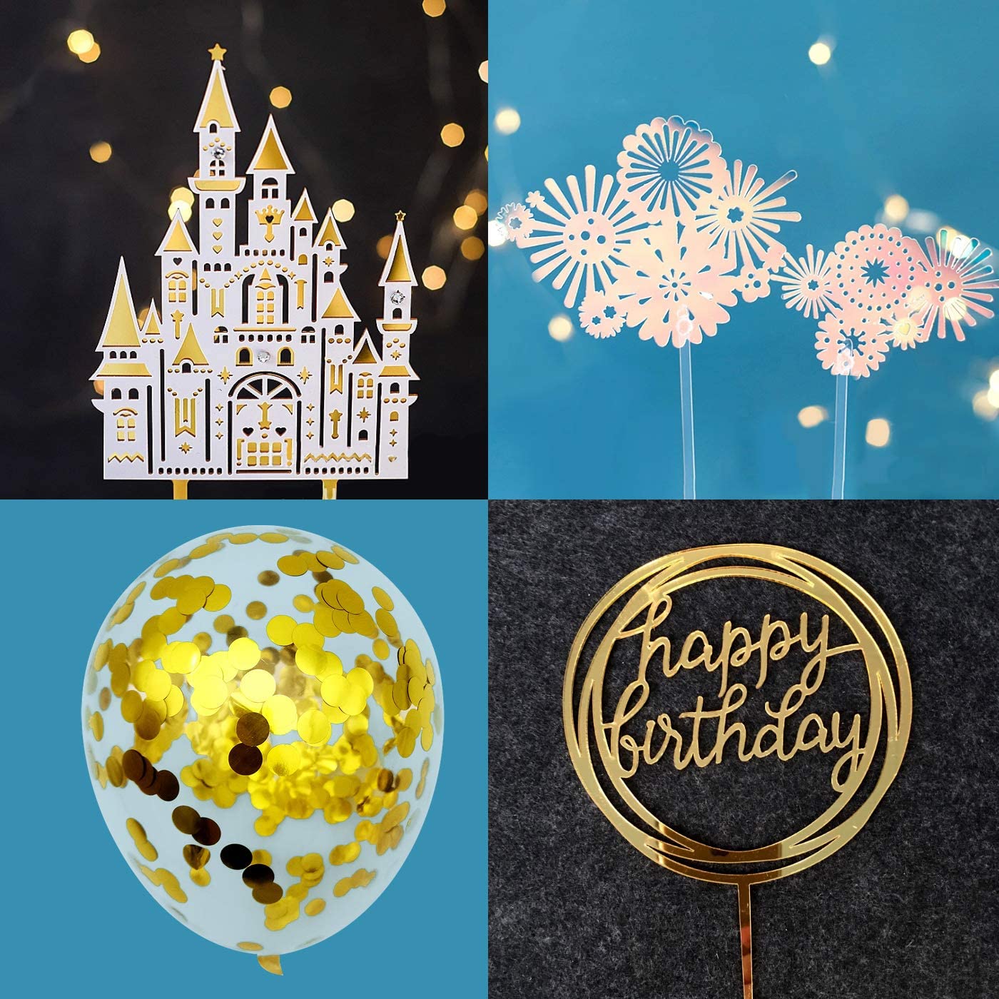 iZoeL Gold Birthday Cake Decoration Gold White Castle Happy Birthday Banner Confetti Balloon Fireworks Star Golden cake Topper for Gold Theme Party Decor Girl Boy Kid Women Man