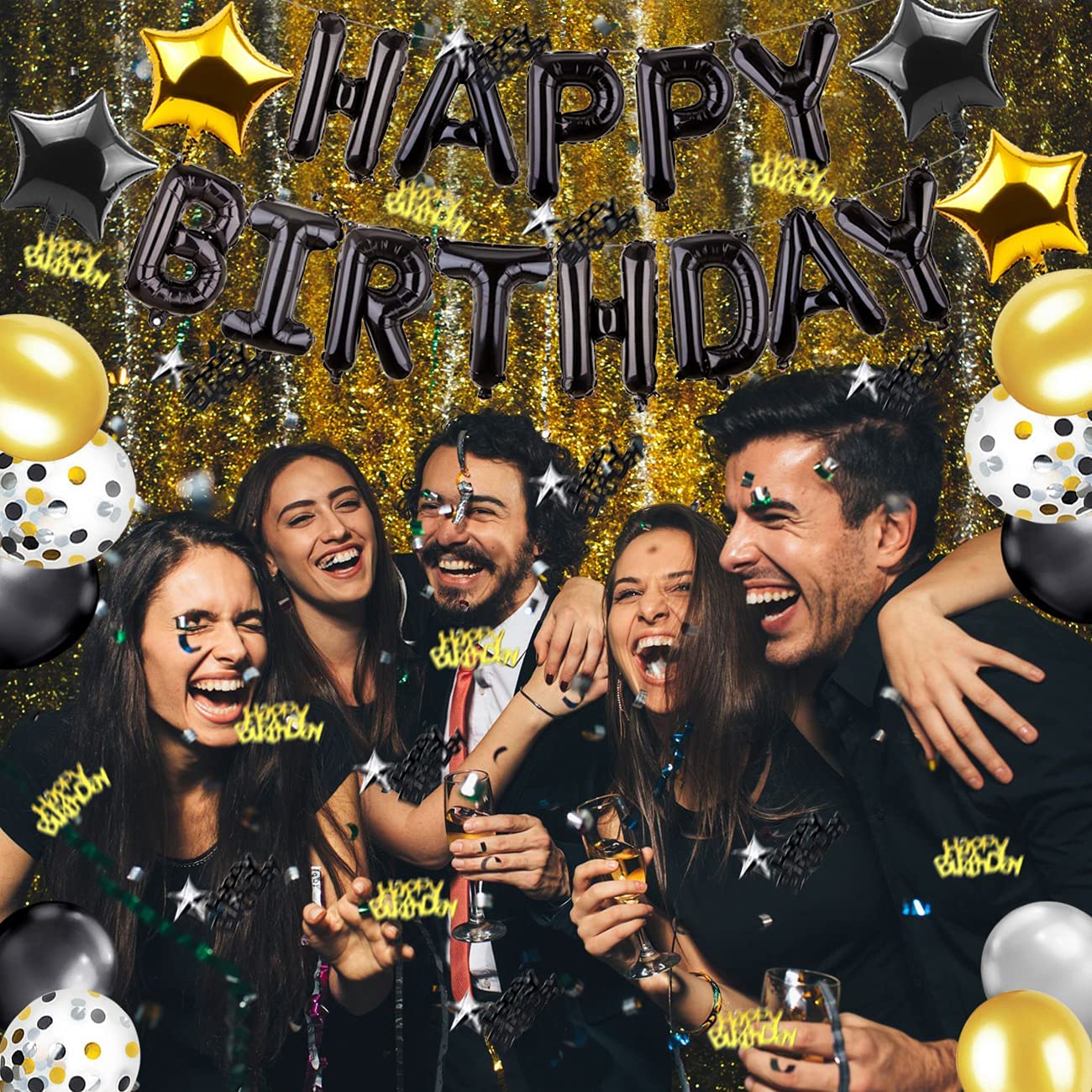 iZoeL Black Gold Birthday Decorations for Men Women Boys, 13pcs Happy Birthday Banner Balloon, 6pcs Star Balloons, 40pcs Latex Confetti Balloons plus 10g Table Confetti, Party Accessories