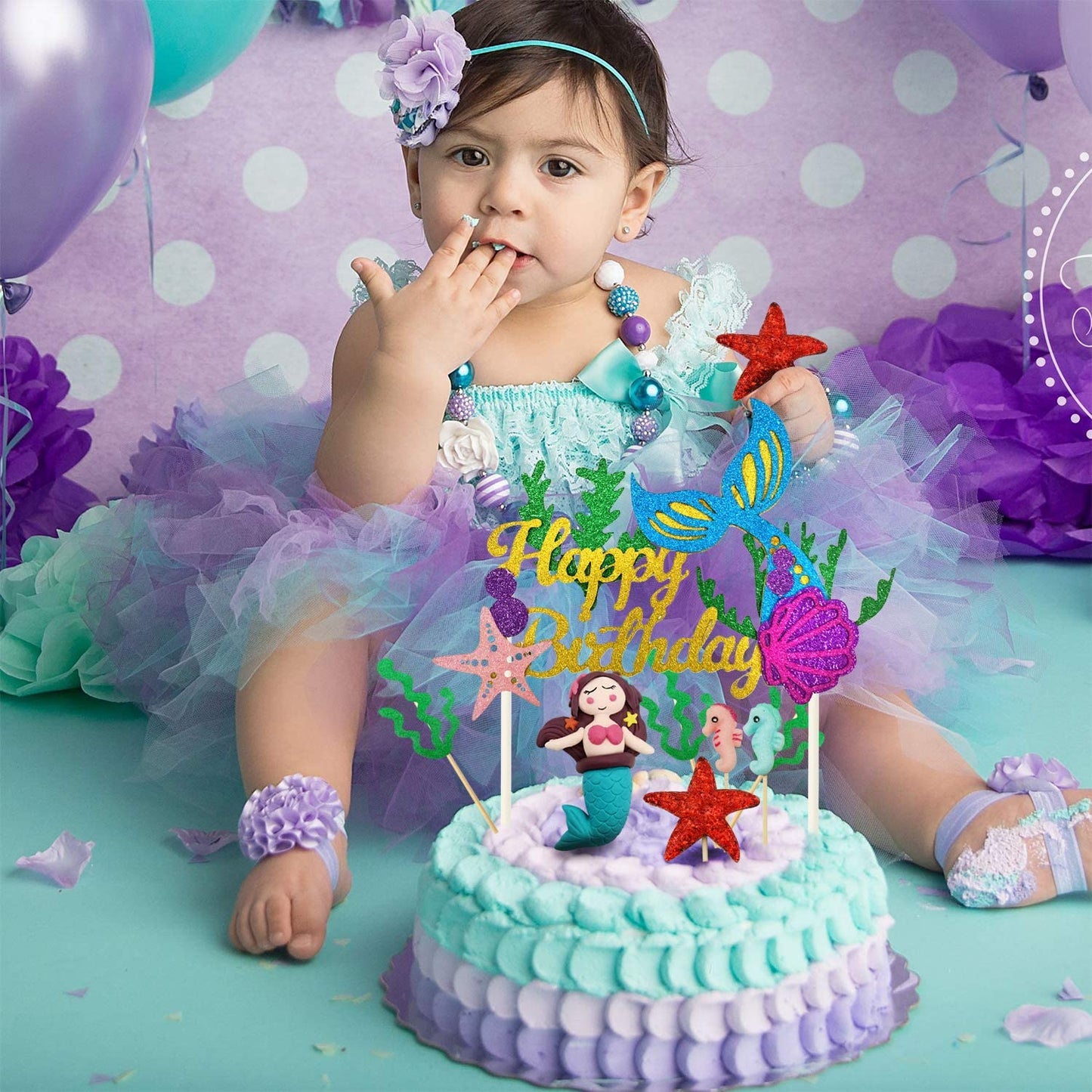 iZoeL 29pcs Mermaid Cake Topper, Seahorse Mermaid Tail Seaweed Starfish Cupcake, Happy Birthday Banner Cake Decoration For Girl Kid Baby Ocean Birthday party Baby Shower