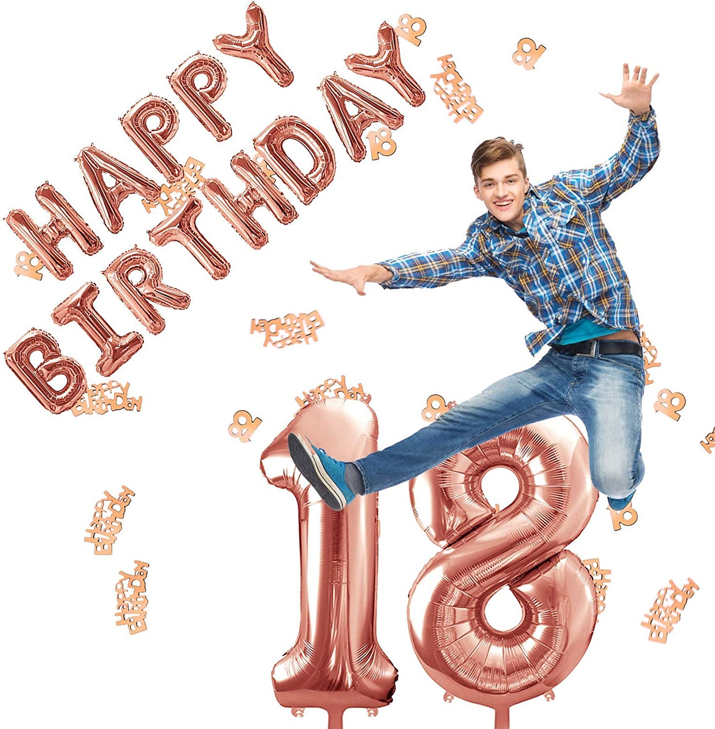 iZoeL Rose Gold 18th Birthday Decorations for Girls, 18th Happy Birthday Banner Balloon, XXL 18 Balloons 40inch, 2 Foil Curtain, 12inch Balloons 10g Table Confetti, for Quarantine Isolation Party