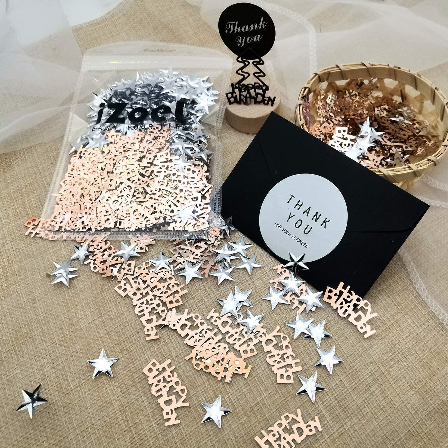 iZoeL BirthdayTable Confetti 30g incl. Rose Gold Happy Birthday Confetti (240pcs) Silver Star Confetti (350pcs) for Boys Girls Woman Kids Birthday Party Table Decoration