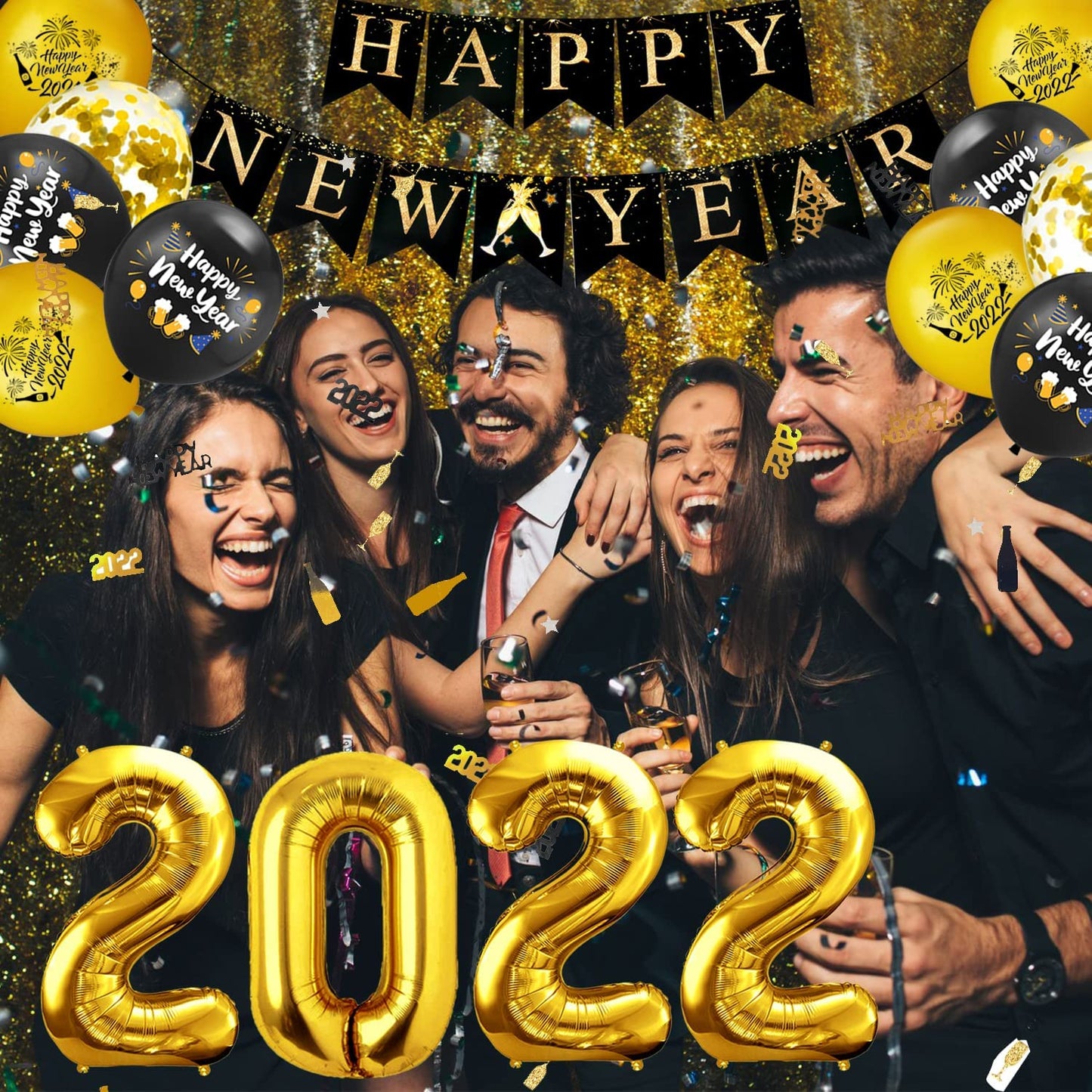iZoeL New Years Eve Party Decorations 2022, 13pcs Black Gold Happy New Year Banner, 2022 Balloons, 10pcs Happy New Year Hanging Swirl, 16pcs Balloons for New Year Decorations