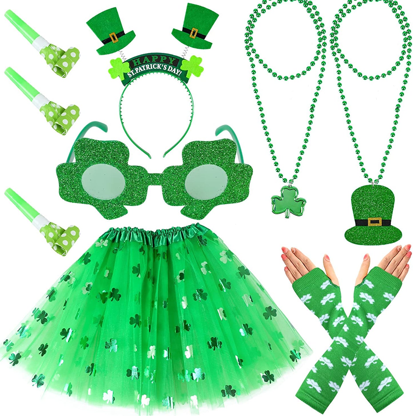iZoeL St Patricks Day Accessories Women Girls Kids Shamrock Tutu Skirt Headband Glasses Necklaces Gloves for Irish Fancy Dress Leprechaun Costume Outfits