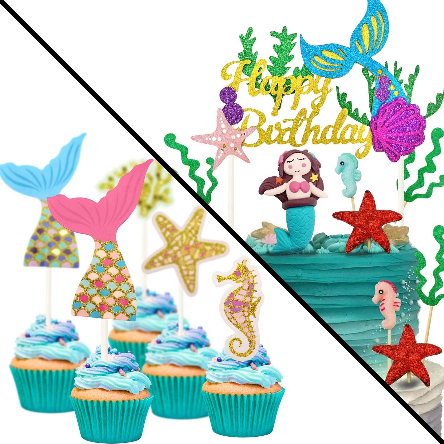 iZoeL 29pcs Mermaid Cake Topper, Seahorse Mermaid Tail Seaweed Starfish Cupcake, Happy Birthday Banner Cake Decoration For Girl Kid Baby Ocean Birthday party Baby Shower