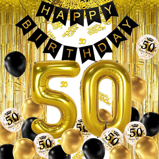 iZoeL 50th Black Gold Birthday Party Decoration, Happy Birthday Banner, Helium Number 50 XXL, 2 Gold Fringe Curtain, Latex Confetti Balloon, Table Confetti