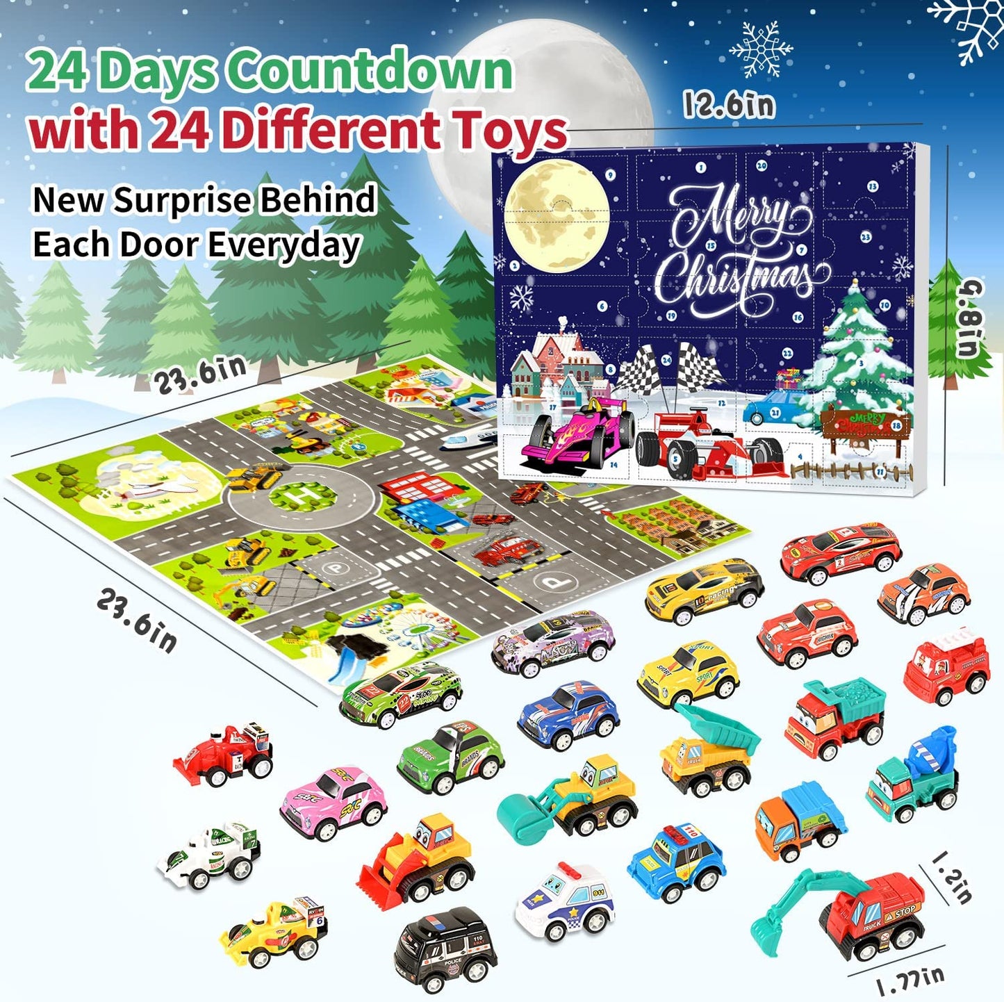 iZoeL Cars Advent Calendar for Kids Boys 2022 Christmas, 24 Mini Pull Back Vehicles Racing Car Construction Vehicles Fire Truck Countdown Days to Christmas for Son Grandson Girls