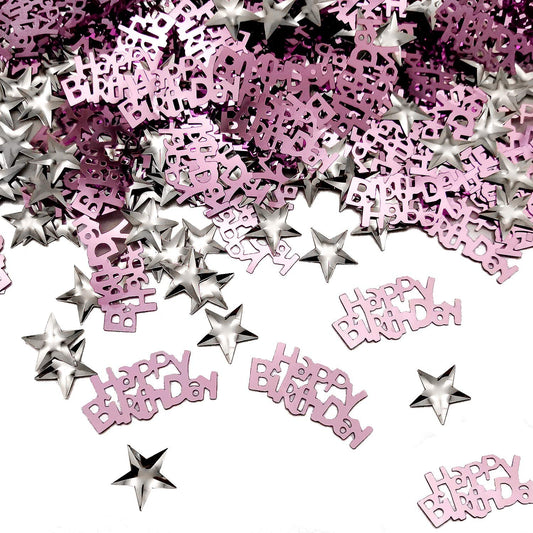 iZoeL 30g Pink Birthday Table Confetti for Girls Women Birthday Party Decoration, incl. Pink Happy Birthday Confetti (240pcs) Silver Star Confetti Sequin(350pcs)