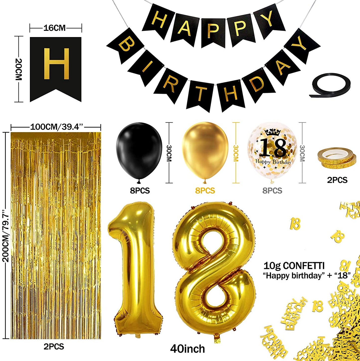 iZoeL 18th Black Gold Birthday Party Decoration, Happy Birthday Banner, Helium Number 18 XXL, 2 Gold Fringe Curtain, Latex Confetti Balloon, Table Confetti for Man Girl Women Anniversary