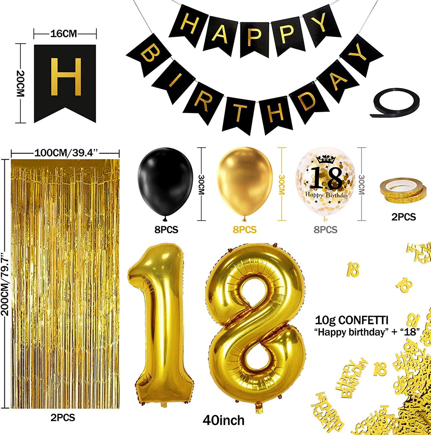 iZoeL 18th Black Gold Birthday Party Decoration, Happy Birthday Banner, Helium Number 18 XXL, 2 Gold Fringe Curtain, Latex Confetti Balloon, Table Confetti for Man Girl Women Anniversary