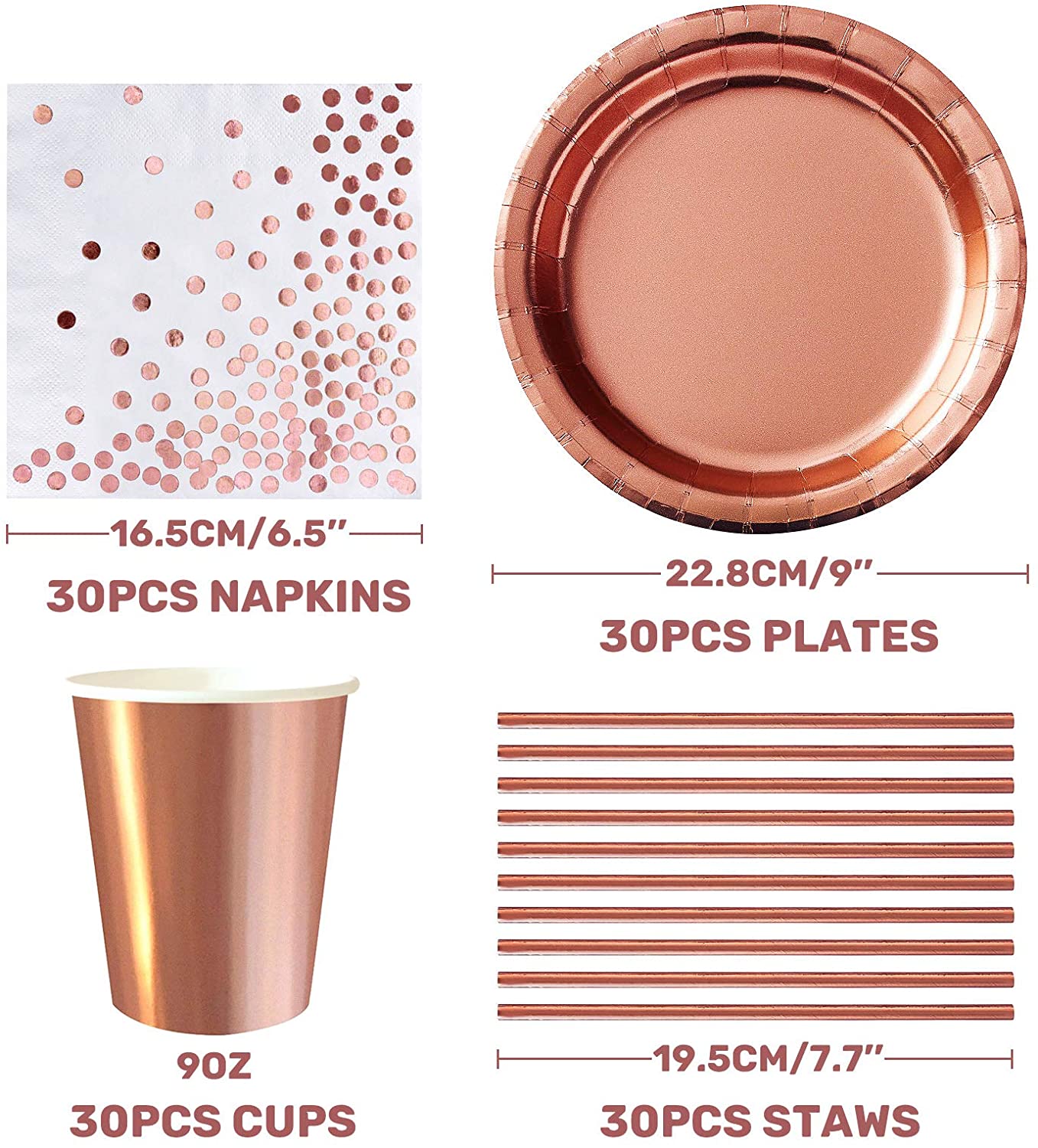 iZoeL 30 Guests Rose Gold Party Tableware Paper Dinnerware Plates Cups Straws Napkins Party Supplies for Birthday Party Baby Shower Bridal Wedding Anniversary