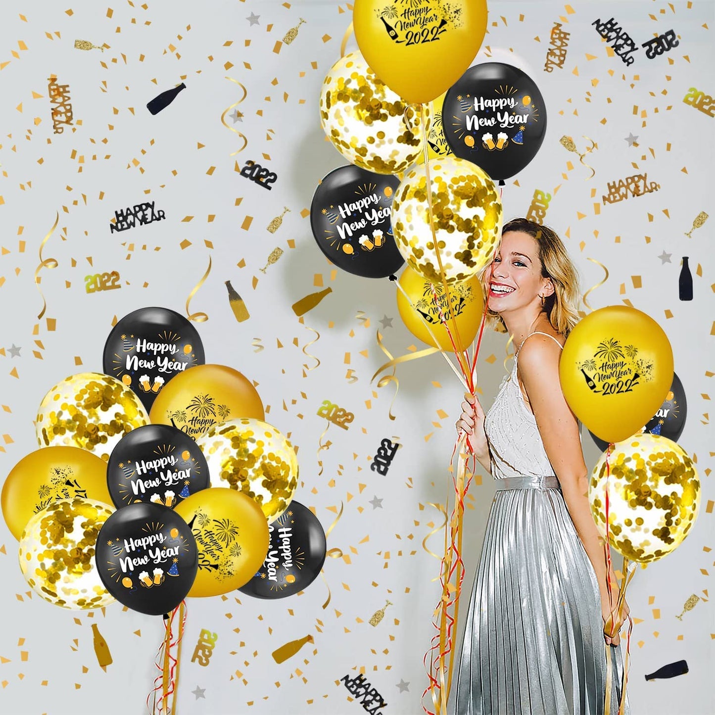 iZoeL Happy New Year Decorations 2022 XXL, Black Gold Happy New Year Banner, 32'' 2022 Numbers, Bottle Champagne Balloons, 2022 Confettis
