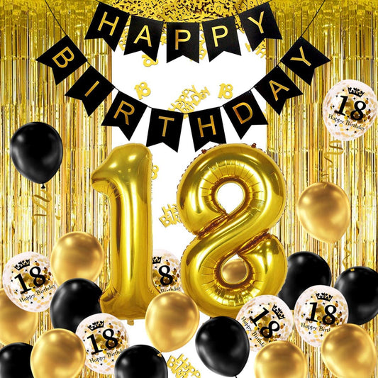 iZoeL 18th Black Gold Birthday Party Decoration, Happy Birthday Banner, Helium Number 18 XXL, 2 Gold Fringe Curtain, Latex Confetti Balloon, Table Confetti for Man Girl Women Anniversary