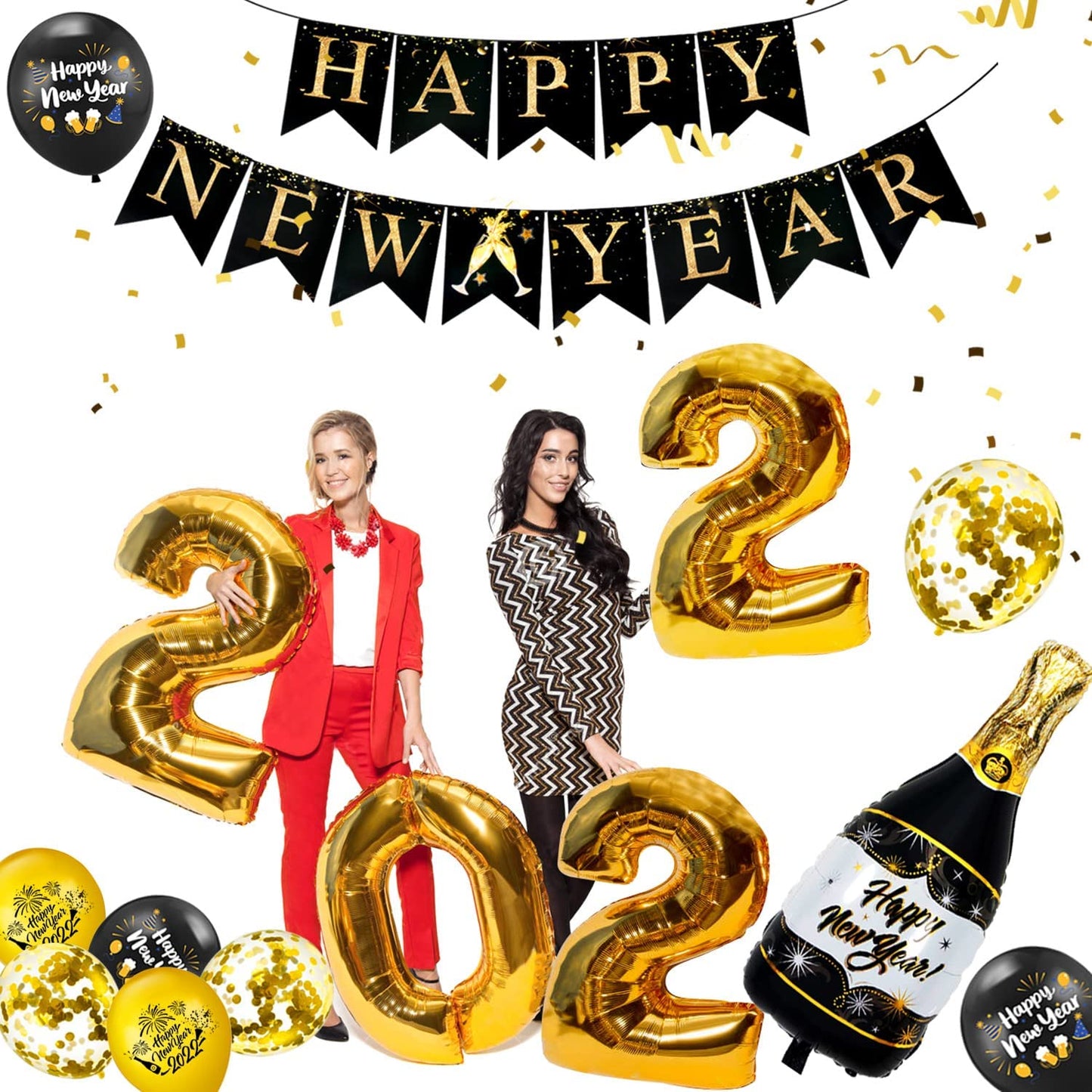 iZoeL New Years Eve Party Decorations 2022, Black Gold Happy New Year Banner, XXL 2022 Balloons, Gold Fringe Curtain, Bottle Champagne Balloons for Happy New Year Decorations