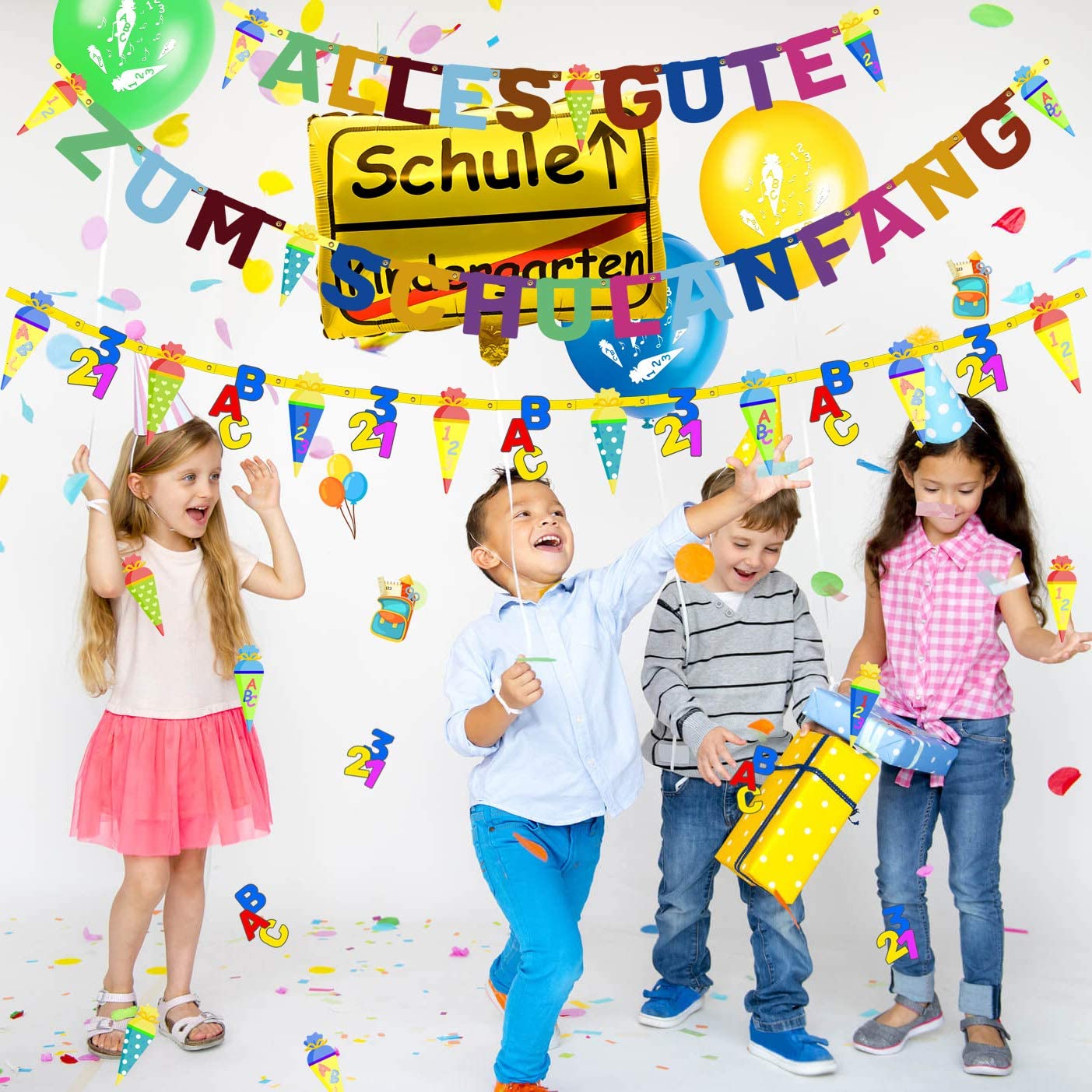 iZoeL Schuleinführung Schulanfang Einschulung Deko Alles Gute Zum Schulanfang Girlande + Schultüte Banner + Folienballon + 123 ABC Konfetti für Junge Mädchen