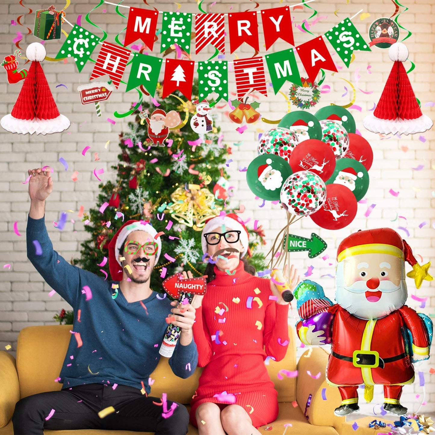 iZoeL XXL Merry Christmas Decoration Balloon Set, Merry Christmas Banner, Xmas Hanging Swirl, XXL Santa Claus Balloon, Floating Santa Claus Hat, Photo Booth Props for Christmas Eve Party Supplies
