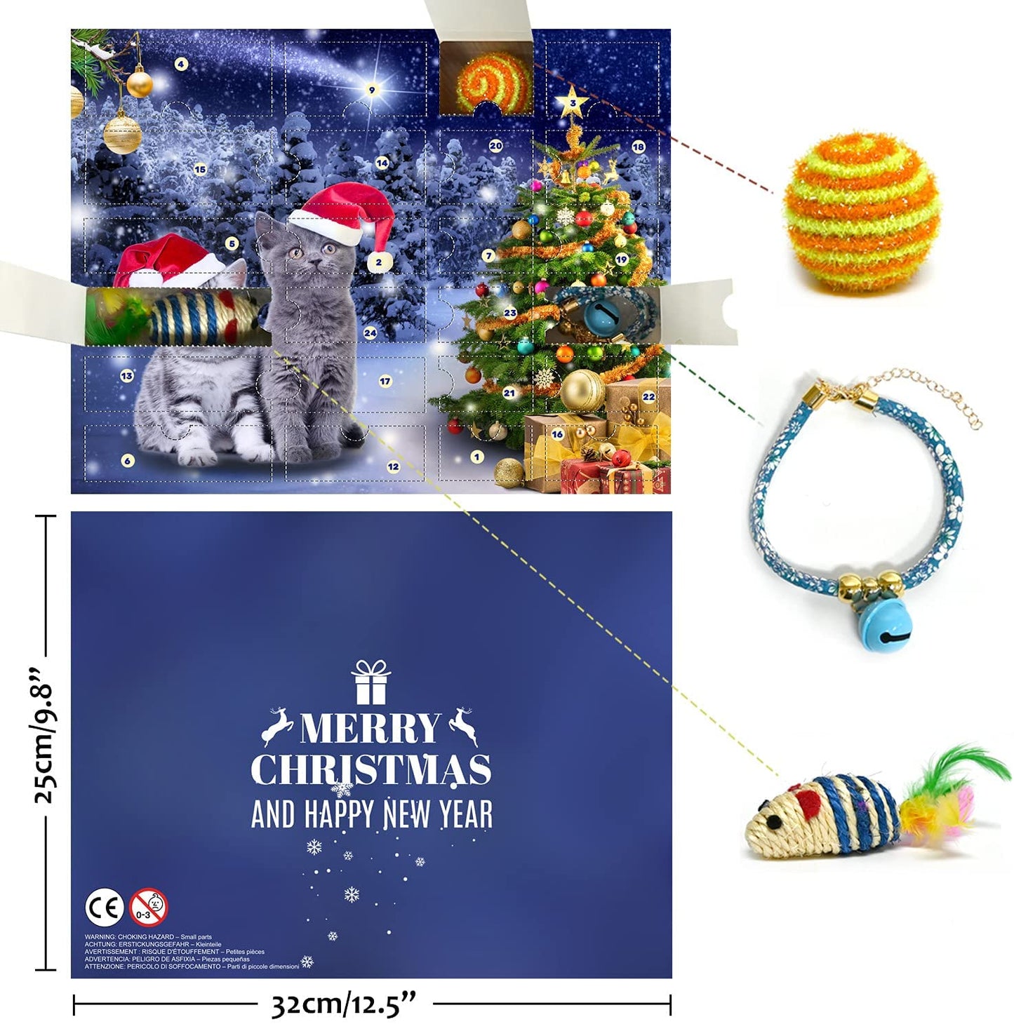 iZoeL Cat Toys Advent Calendar 2021 Christmas, 24Pcs Interactive Cat Toys - Christmas Collars Bow Tie, Fish, Fake Mouse, Bell Balls and Column Bell Toys, for Cats