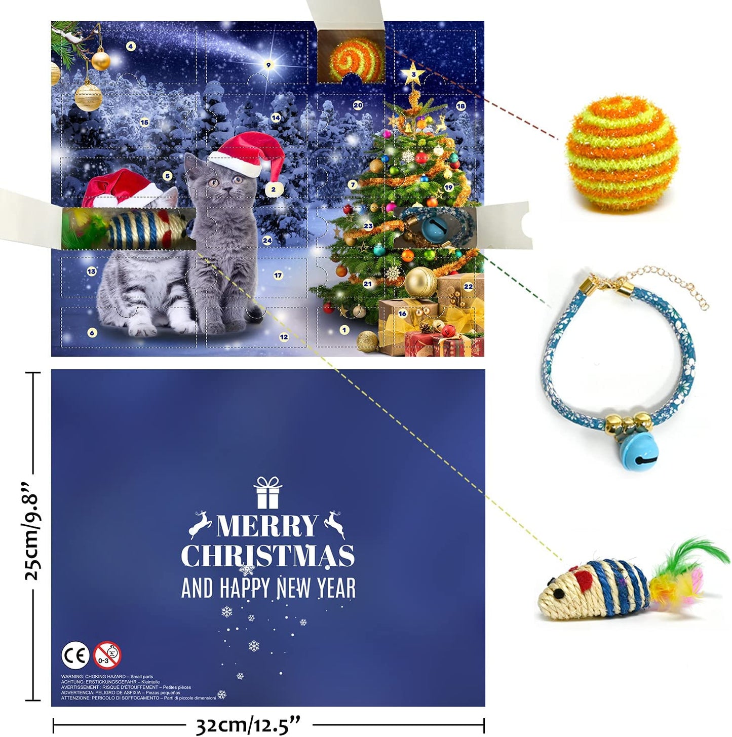 iZoeL Cat Toys Advent Calendar 2021 Christmas, 24Pcs Interactive Cat Toys - Christmas Collars Bow Tie, Fish, Fake Mouse, Bell Balls and Column Bell Toys, for Cats
