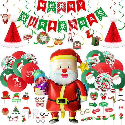 iZoeL XXL Merry Christmas Decoration Balloon Set, Merry Christmas Banner, Xmas Hanging Swirl, XXL Santa Claus Balloon, Floating Santa Claus Hat, Photo Booth Props for Christmas Eve Party Supplies
