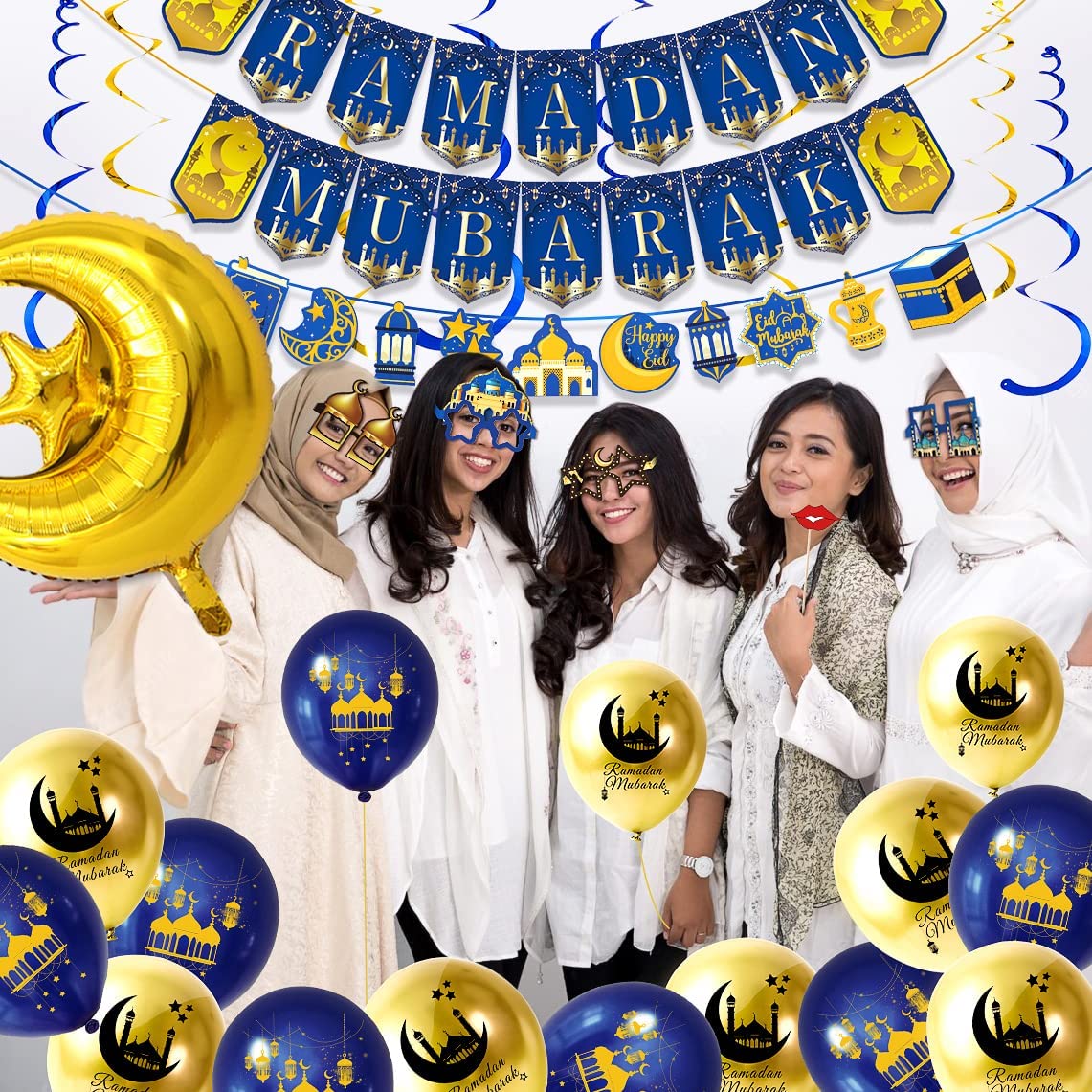 iZoeL Ramadan Decorations for Home Ramadan Mubarak Decor Eid Decorations Ramadan Balloons Banner Garland Party Glasses Photo Booth Props Hanging Swirl - Restaurant Garden Decor