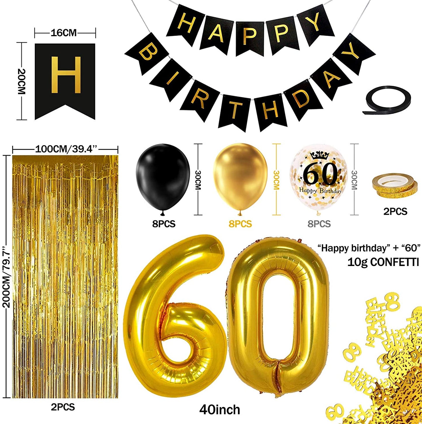 iZoeL 60th Black Gold Birthday Party Decoration, Happy Birthday Banner Helium Number 60 XXL 2 Gold Fringe Curtain Latex Confetti Balloon Table Confetti for Man Boy Girl Women Anniversary