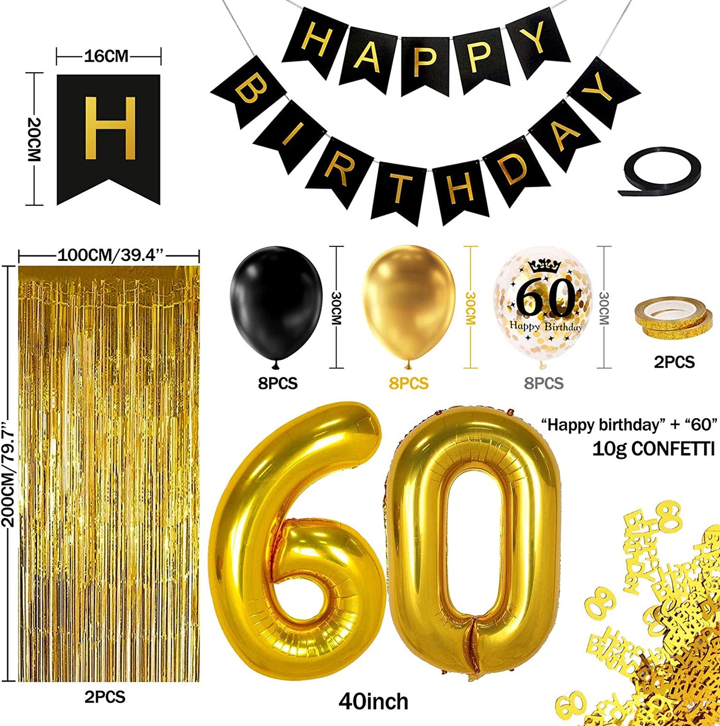 iZoeL 60th Black Gold Birthday Party Decoration, Happy Birthday Banner Helium Number 60 XXL 2 Gold Fringe Curtain Latex Confetti Balloon Table Confetti for Man Boy Girl Women Anniversary
