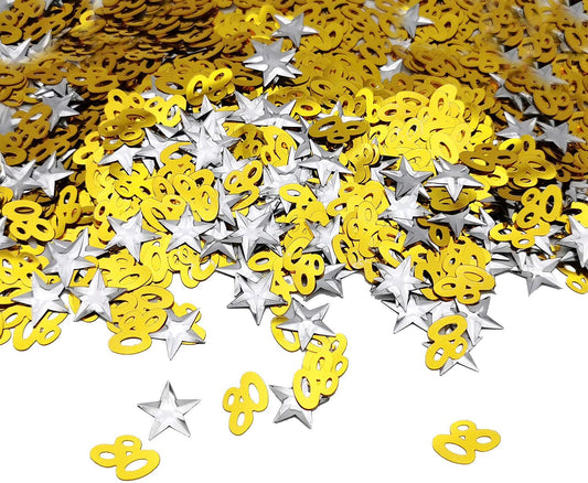 iZoeL 80 Gold Table Confetti Bag 30g incl. 80th Birthday Confetti (1000pcs) Silver Star Confetti Sequin(200pcs) for 80th Gold Birthday Party Wedding Anniversary Table Decoration (Gold, 80)