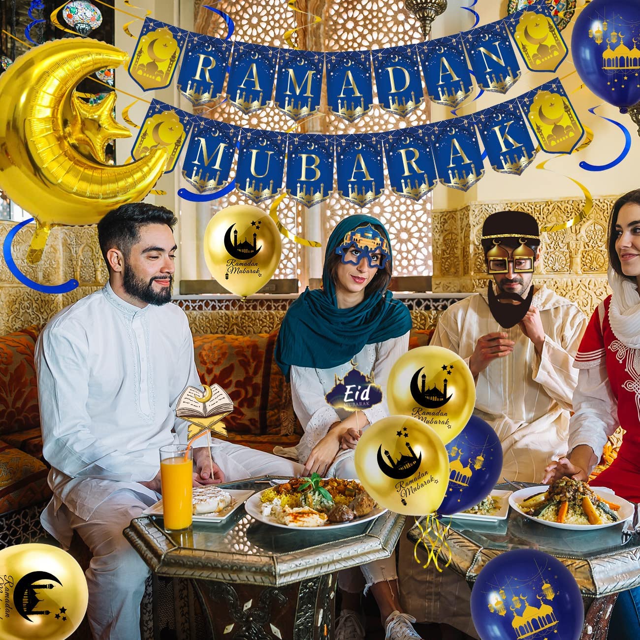 iZoeL Ramadan Decorations for Home Ramadan Mubarak Decor Eid Decorations Ramadan Balloons Banner Garland Party Glasses Photo Booth Props Hanging Swirl - Restaurant Garden Decor