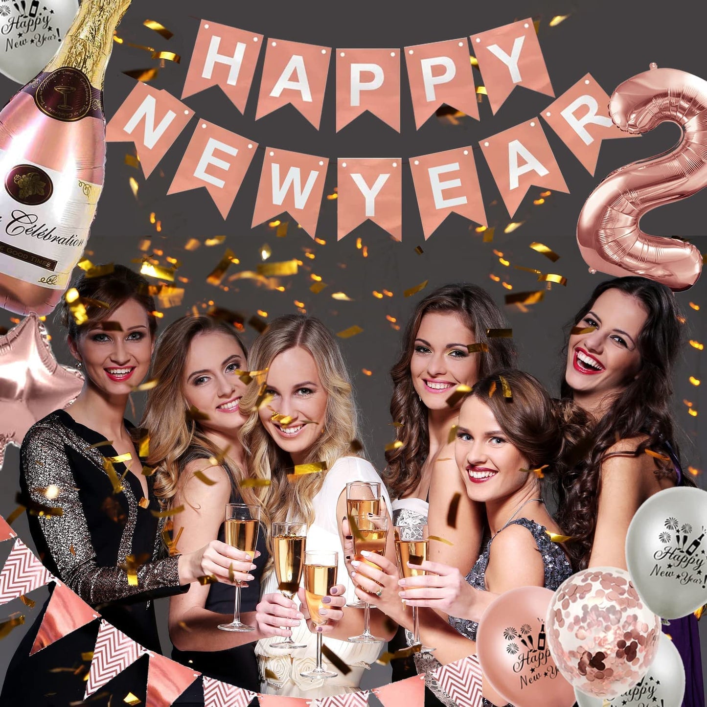 iZoeL XXL New Years Eve Party Decorations 2022, Rose Gold Happy New Year Decorations, Happy New Year Banner, 32‘’ 2022 Balloons, 40‘’ Bottle Champagne Balloons, Triangle Flag
