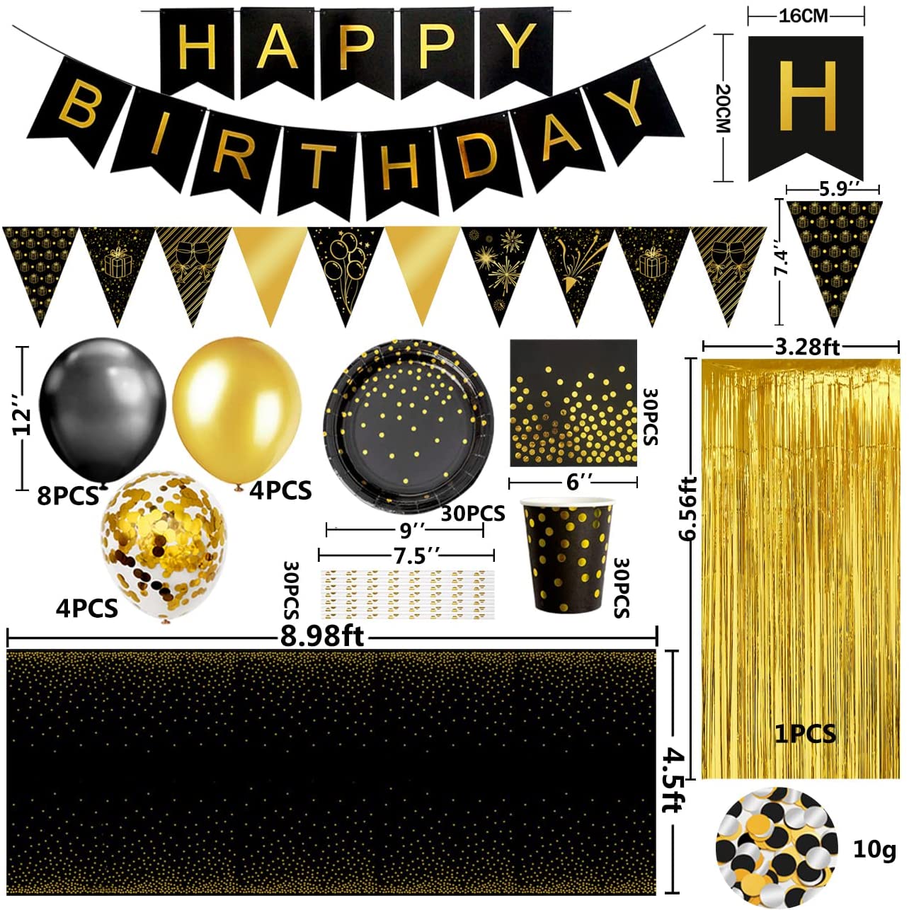 iZoeL 30 Guests Black Gold Birthday Party Decorations for Men Women, Birthday Tableware Curtain Tablecloth Plates Napkins Cups Straws 10g Confetti Birthday Balloon Cake Topper