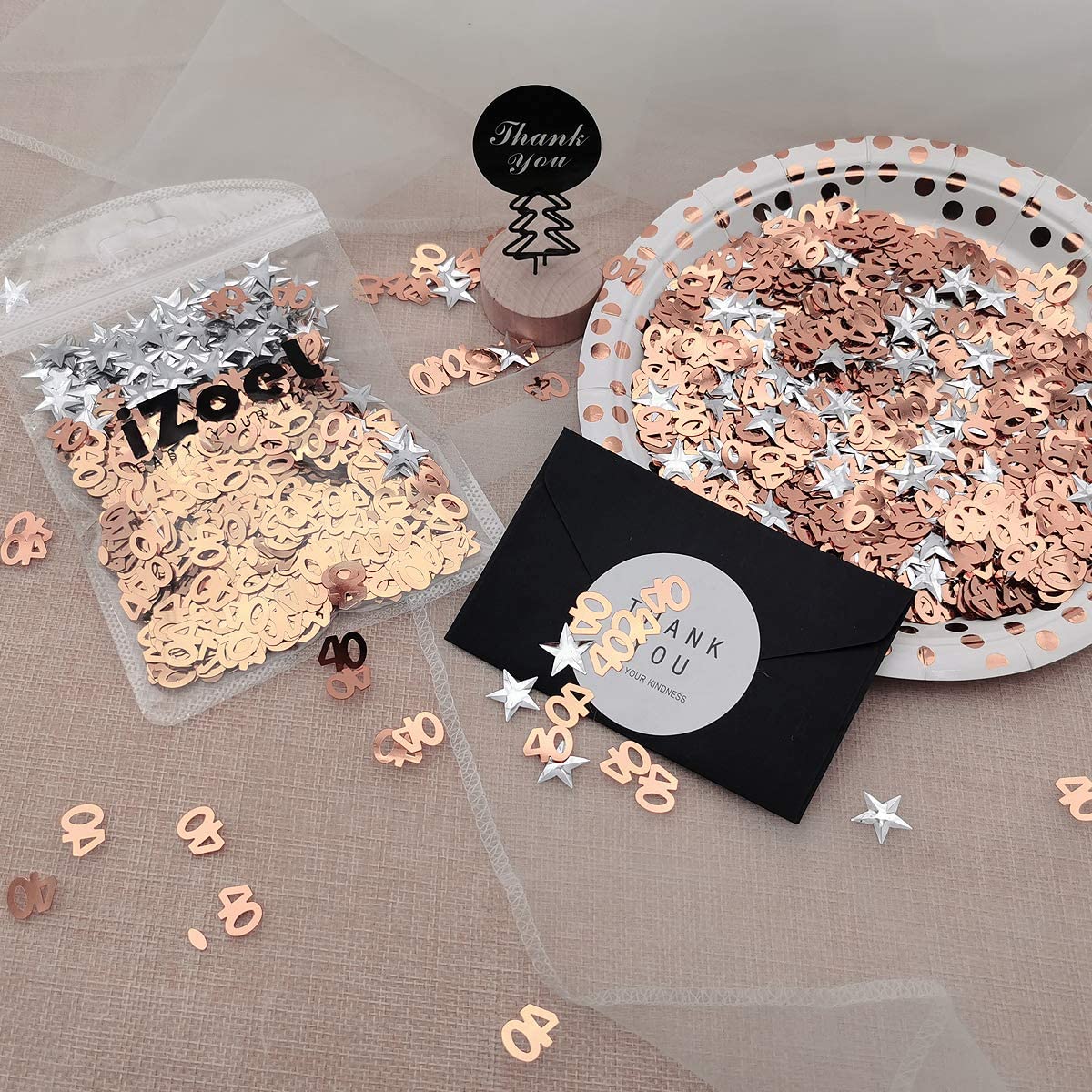 iZoeL 40th Rose Gold Table Confetti Bag 30g incl. 40th Birthday Confetti (1000pcs) Silver Star Confetti Sequin(200pcs) for 40th Birthday Party Wedding Anniversary Table Decoration (Rose Gold 40)
