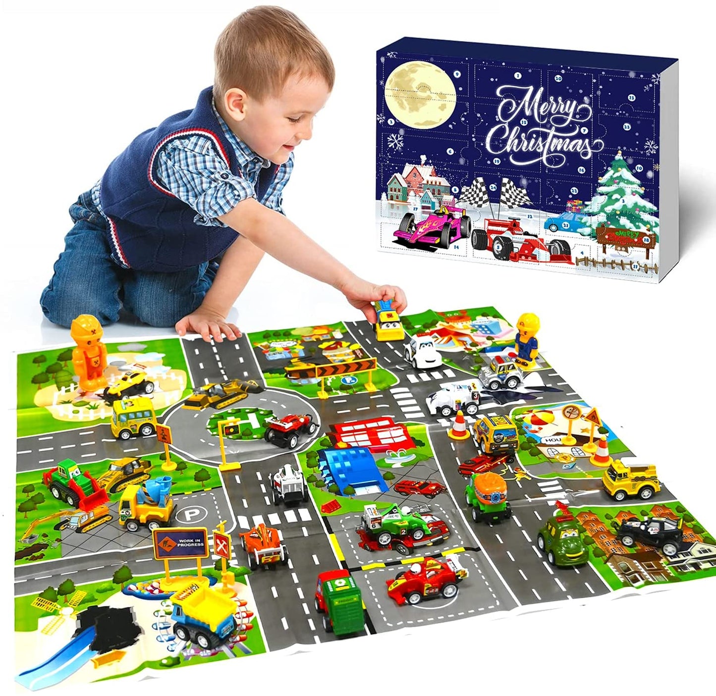 iZoeL Cars Advent Calendar for Kids Boys 2021 Christmas, 24 Mini Pull Back Vehicles with Game Map, Racing Car Construction Vehicles Fire Truck Countdown Days to Christmas for Son Grandson Girls