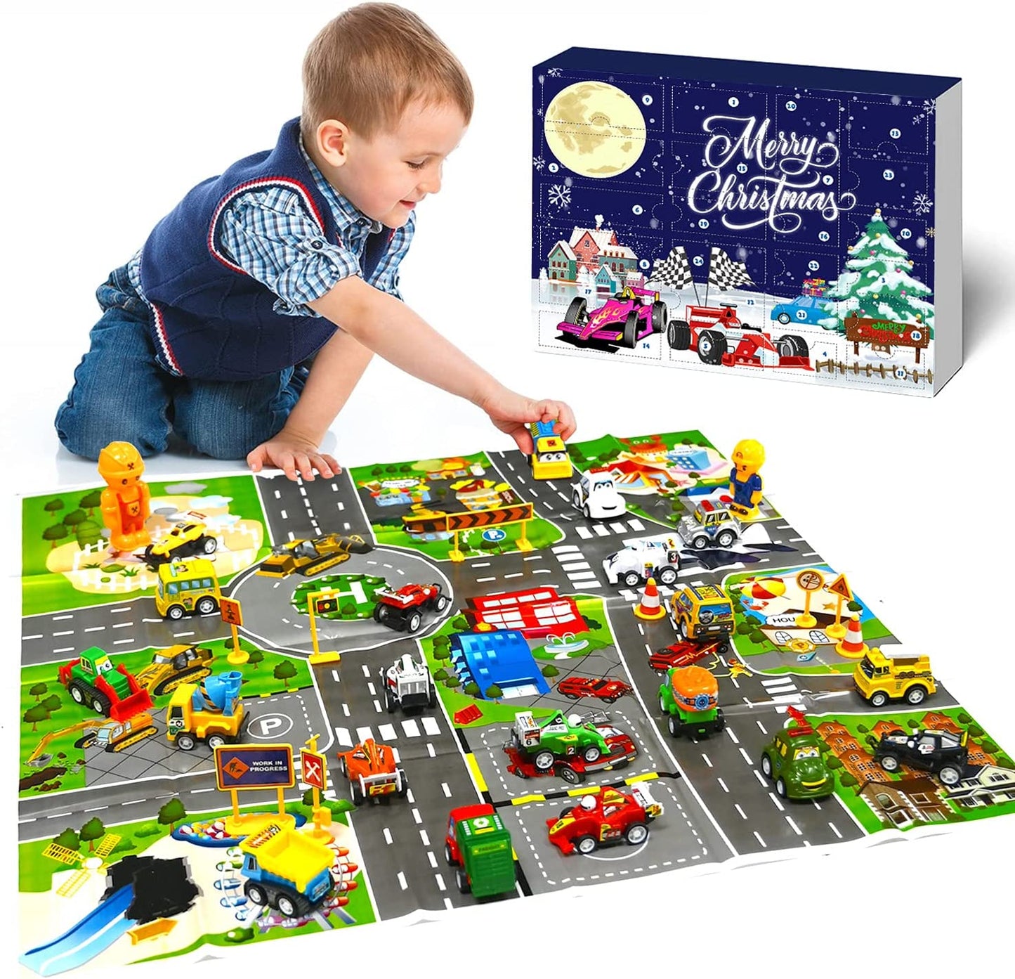 iZoeL Cars Advent Calendar for Kids Boys 2021 Christmas, 24 Mini Pull Back Vehicles with Game Map, Racing Car Construction Vehicles Fire Truck Countdown Days to Christmas for Son Grandson Girls