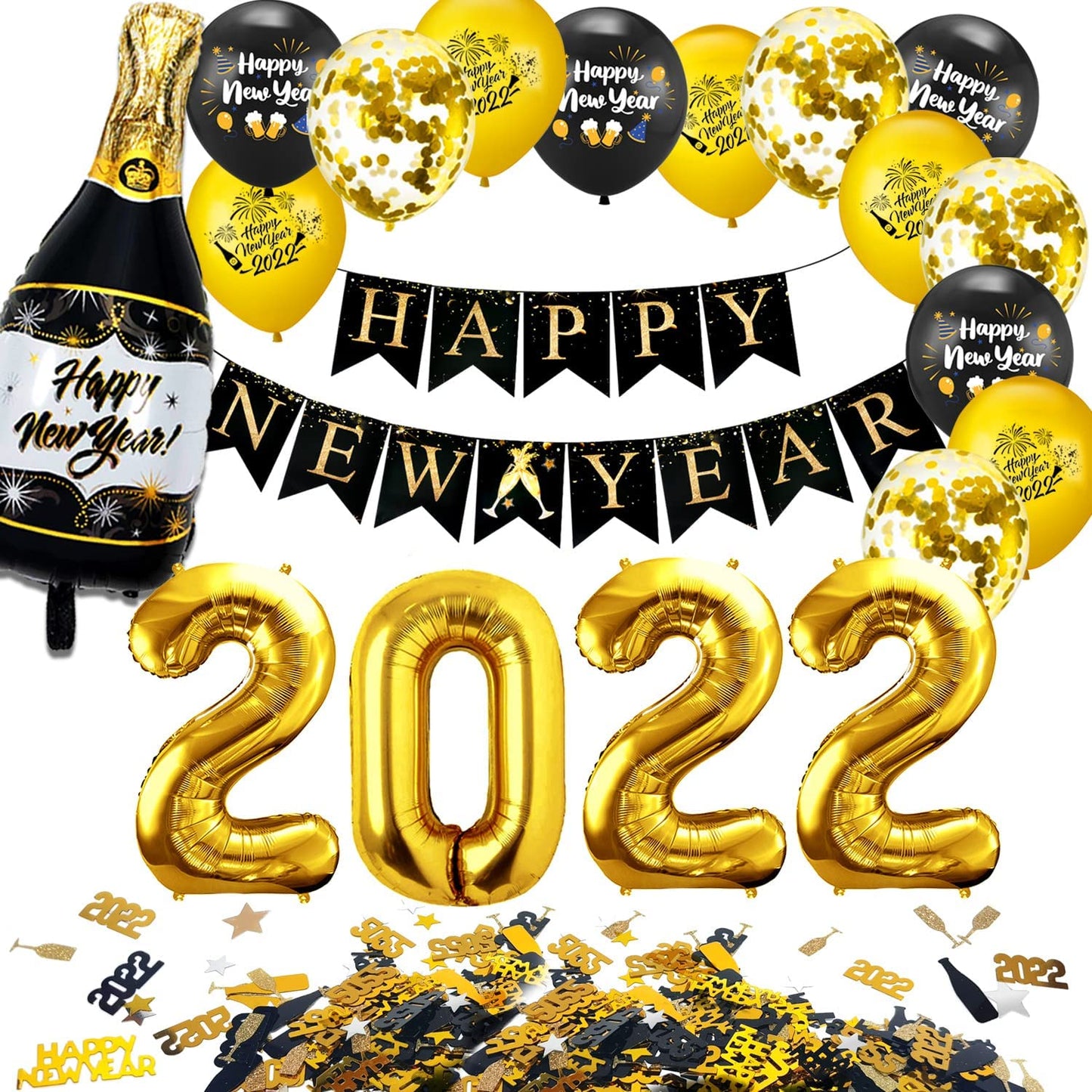 iZoeL Happy New Year Decorations 2022 XXL, Black Gold Happy New Year Banner, 32'' 2022 Numbers, Bottle Champagne Balloons, 2022 Confettis