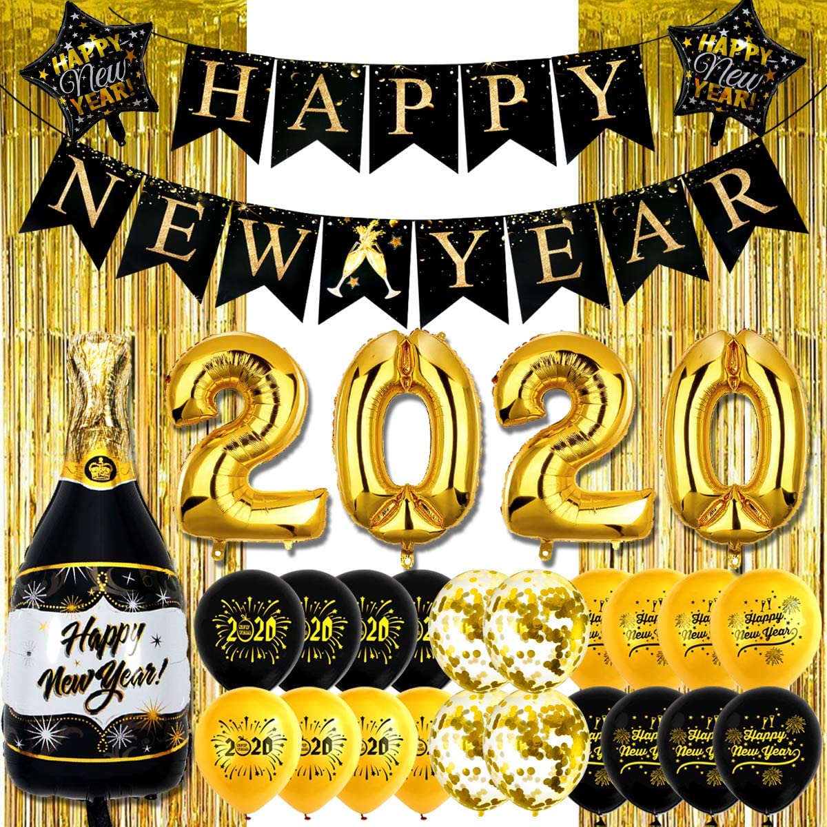 iZoeL Happy New Year Balloon 2021 XXXL Set, Black Gold Happy New Year Banner, Gold Fringe Curtain, Foil Helium Confetti Balloons Number Star Bottle Champagne for New Year's Eve Party Decoration
