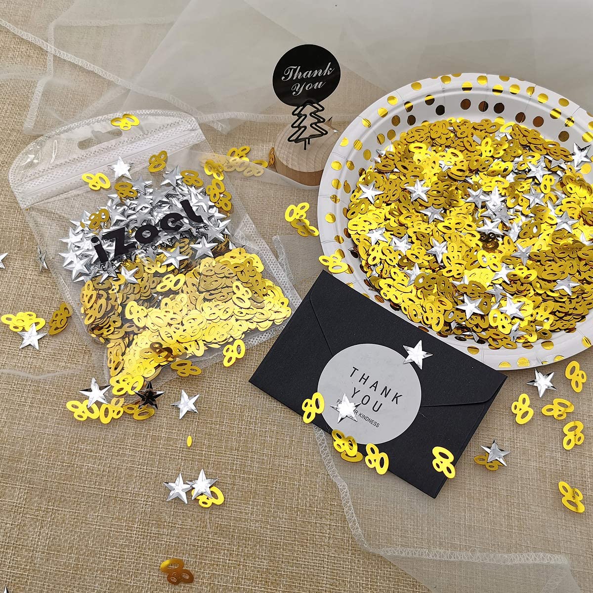 iZoeL 80 Gold Table Confetti Bag 30g incl. 80th Birthday Confetti (1000pcs) Silver Star Confetti Sequin(200pcs) for 80th Gold Birthday Party Wedding Anniversary Table Decoration (Gold, 80)